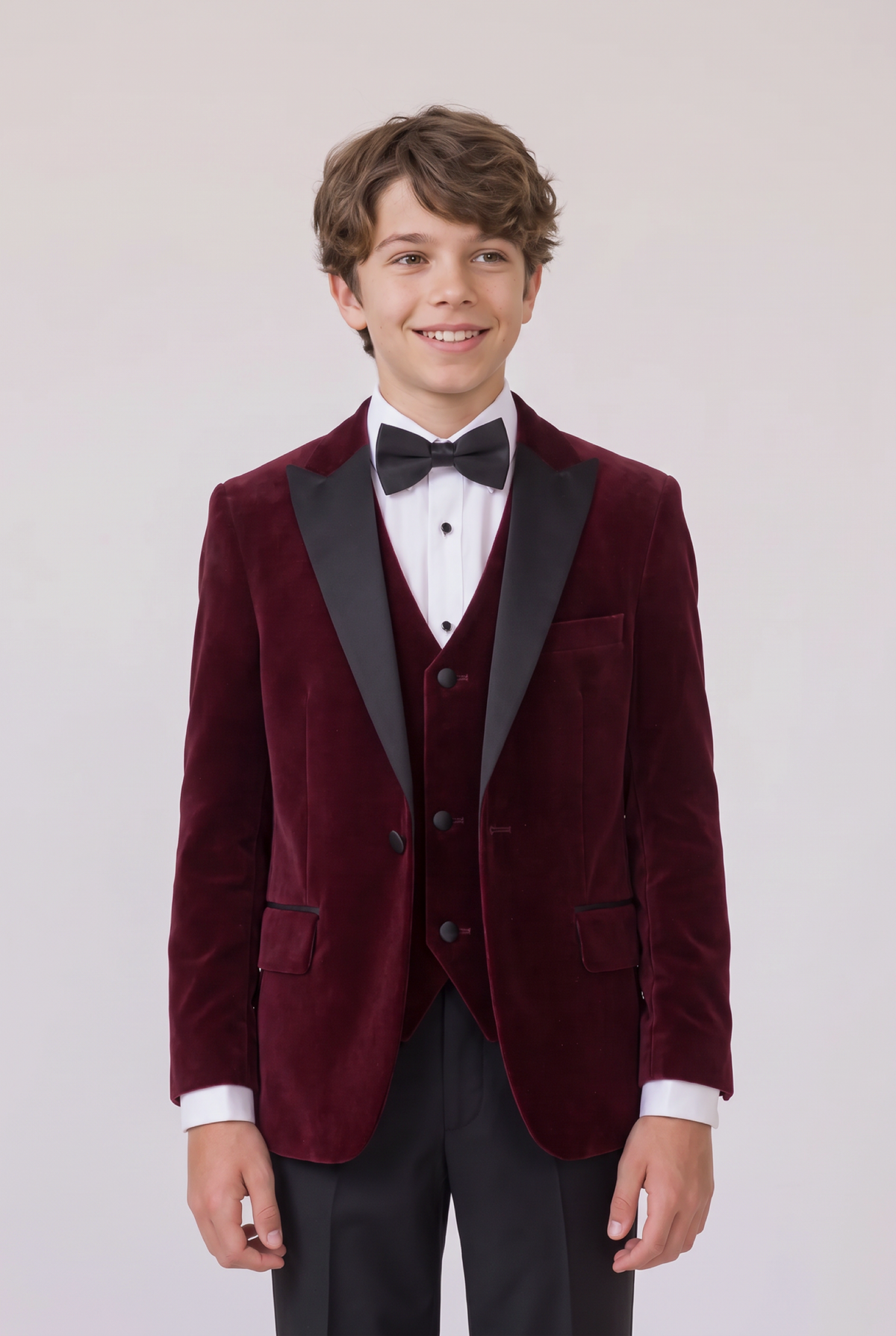 Boys Velvet Satin Lapel Tuxedo Dinner Suit Set - 4-Piece & 5-Piece - MAYFAIR - Wine model front picture