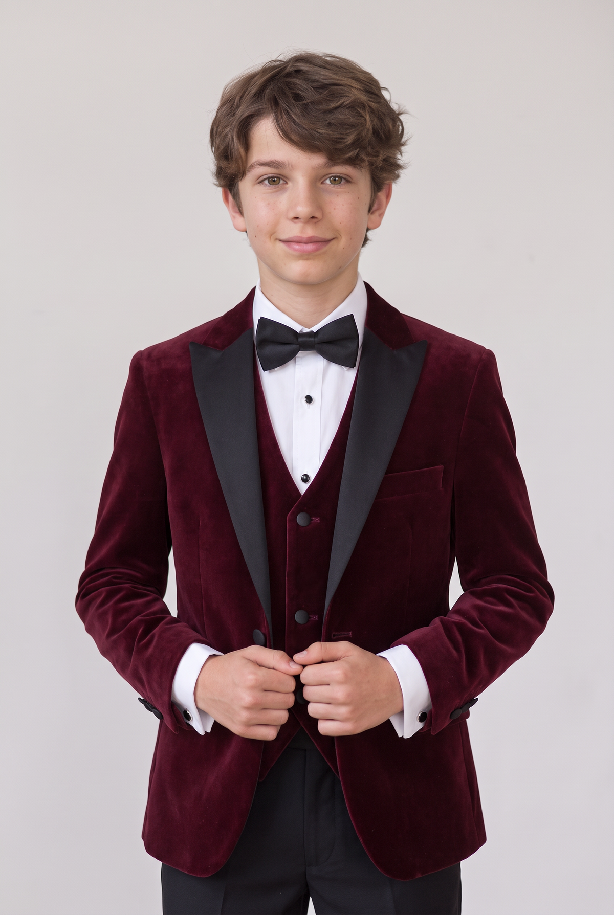 Boys Velvet Satin Lapel Tuxedo Dinner Suit Set - 4-Piece & 5-Piece - MAYFAIR - Wine model picture