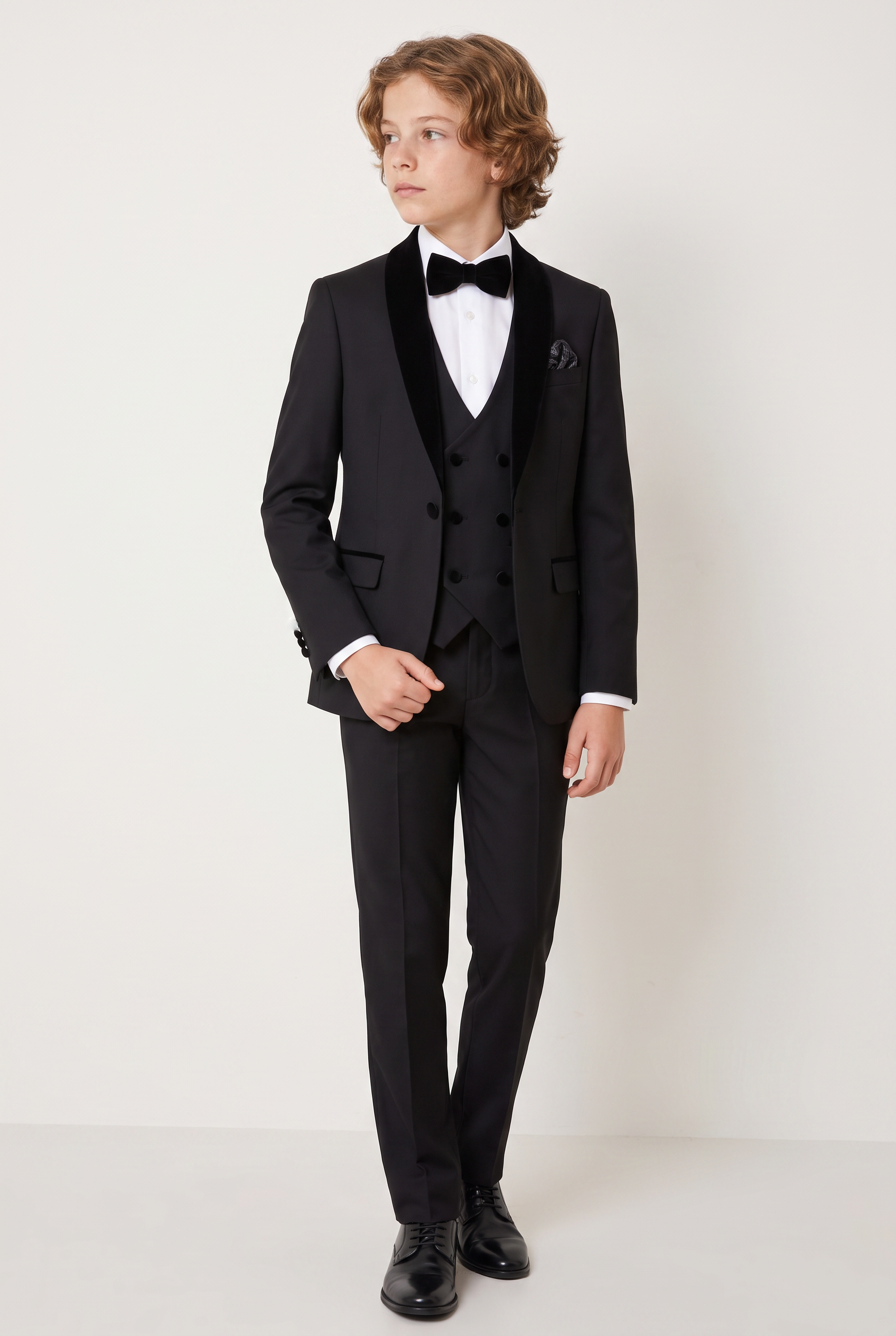 Boys Velvet Shawl Collar Tuxedo Suit - 4-Piece & 5-Piece  in Black