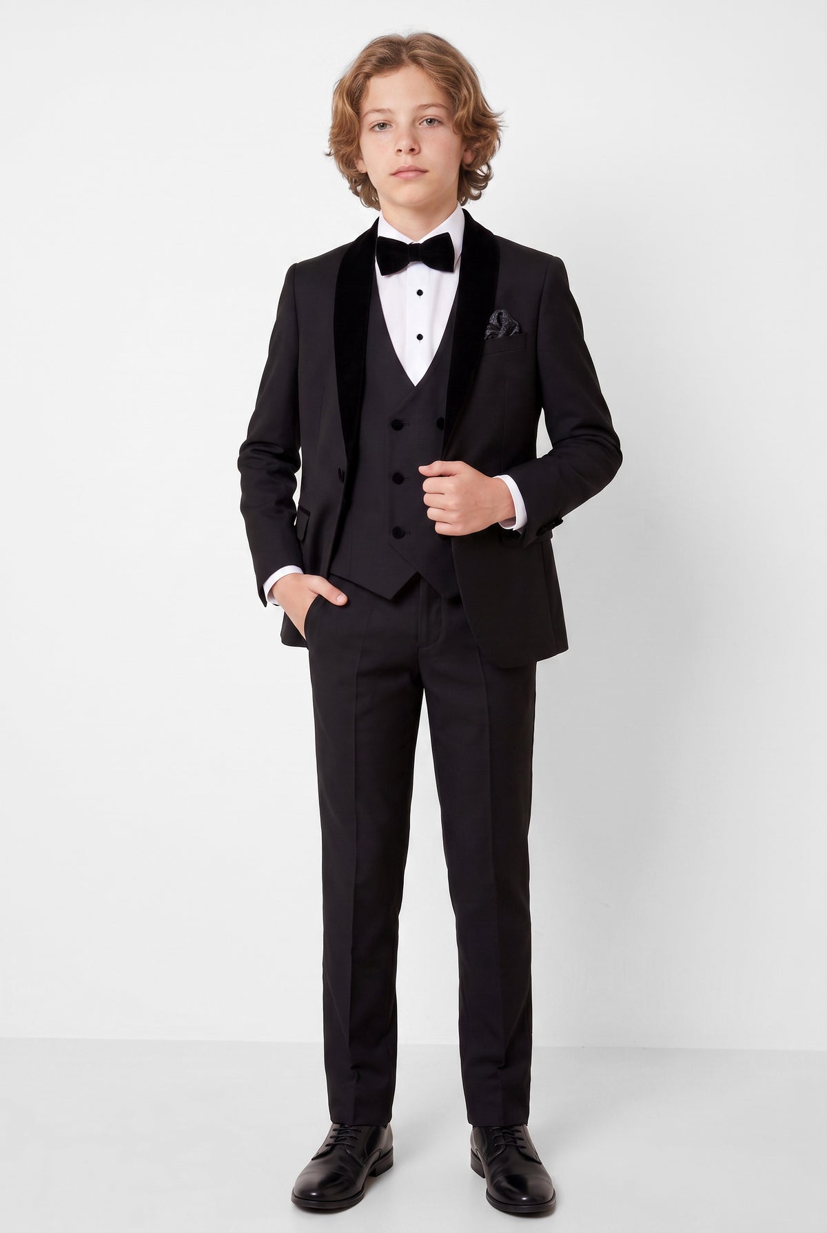 Boys Velvet Shawl Collar Tuxedo Suit - 4-Piece & 5-Piece  in Black