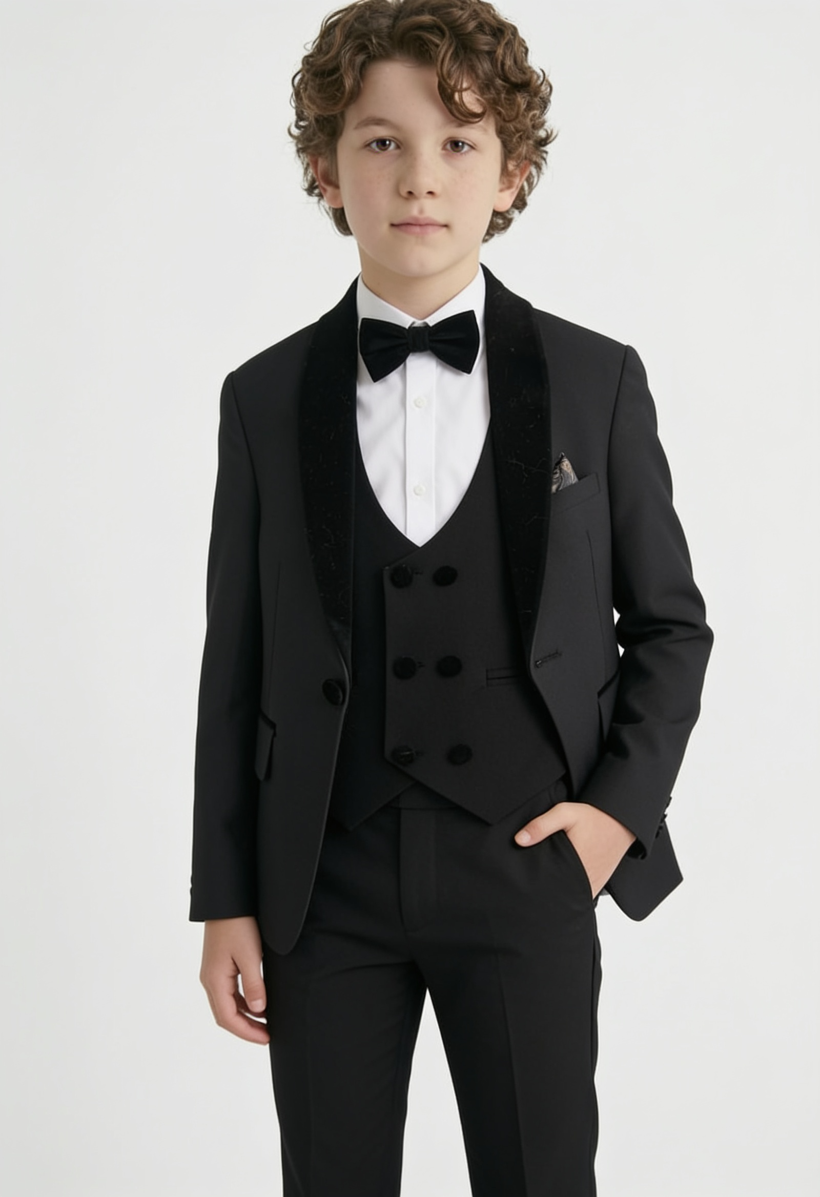 Traje de esmoquin de terciopelo para niño con cuello chal, de 4 y 5 piezas, en Negro