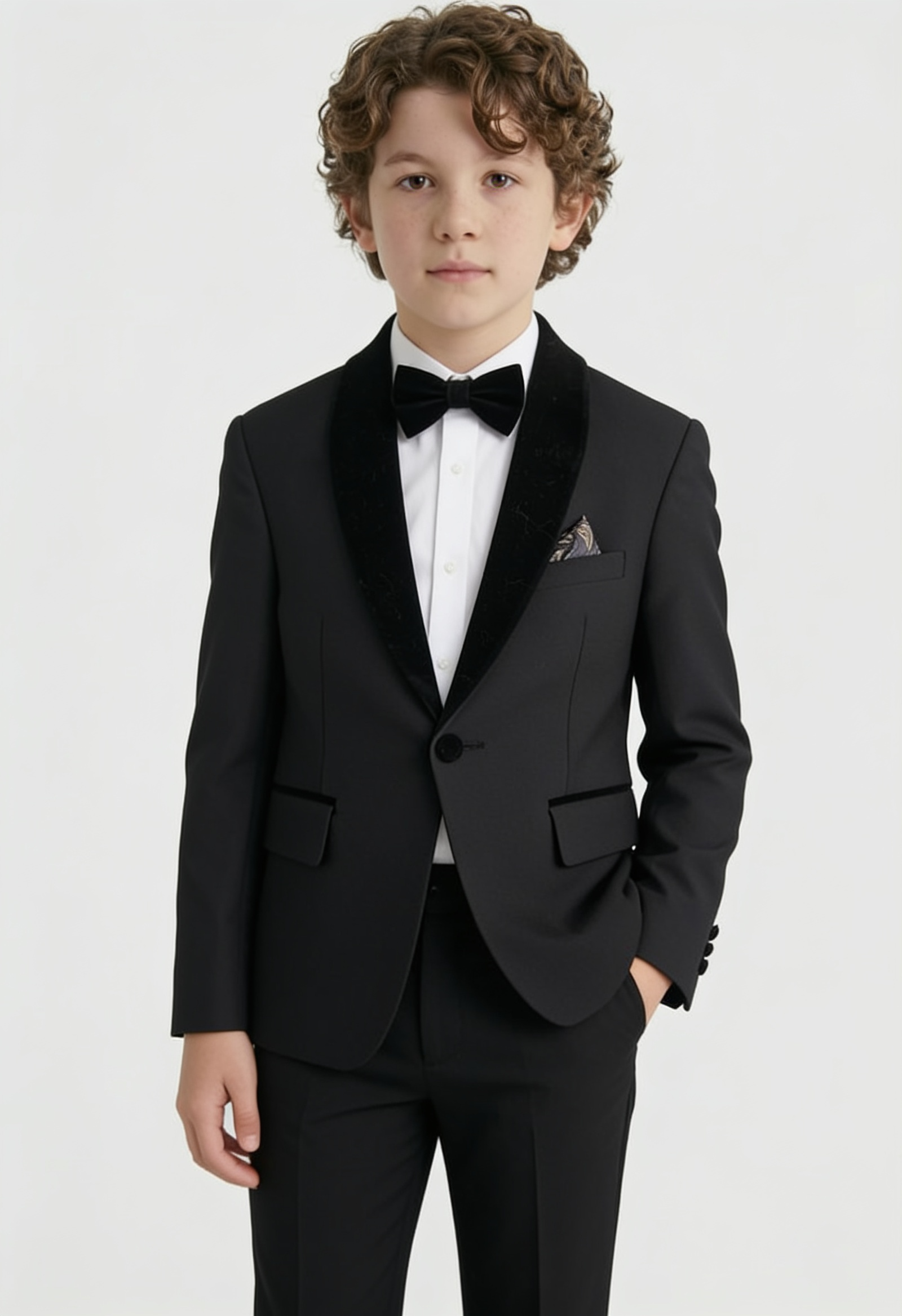 Traje de esmoquin de terciopelo para niño con cuello chal, de 4 y 5 piezas, en Negro