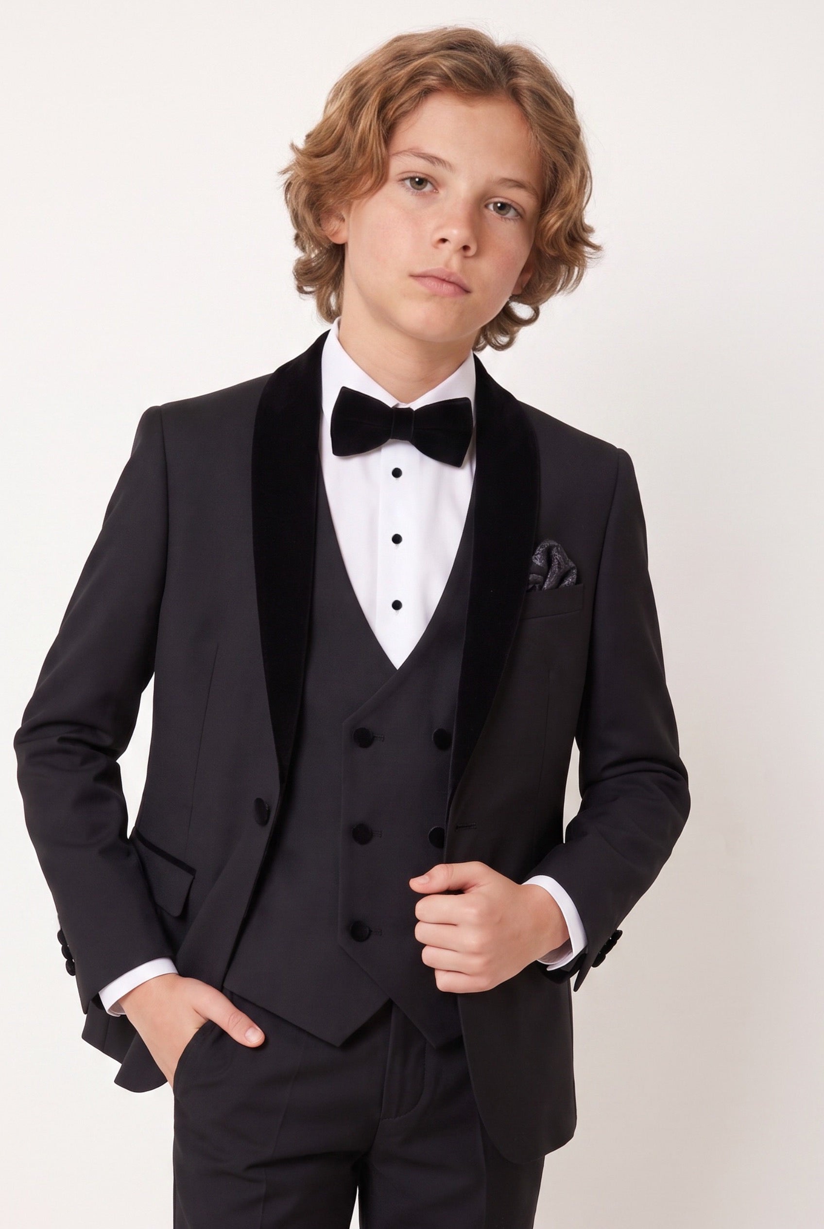 Boys Velvet Shawl Collar Tuxedo Suit - 4-Piece & 5-Piece  in Black