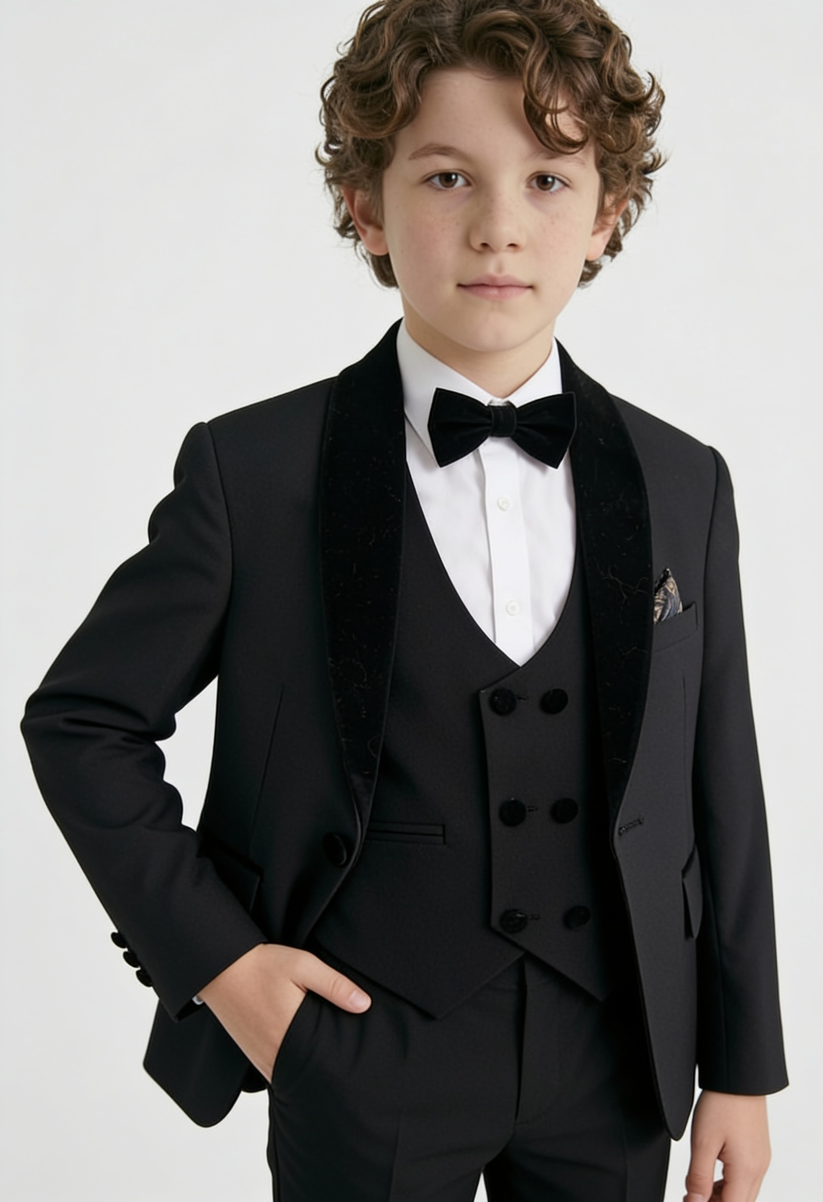 Traje de esmoquin de terciopelo para niño con cuello chal, de 4 y 5 piezas, en Negro
