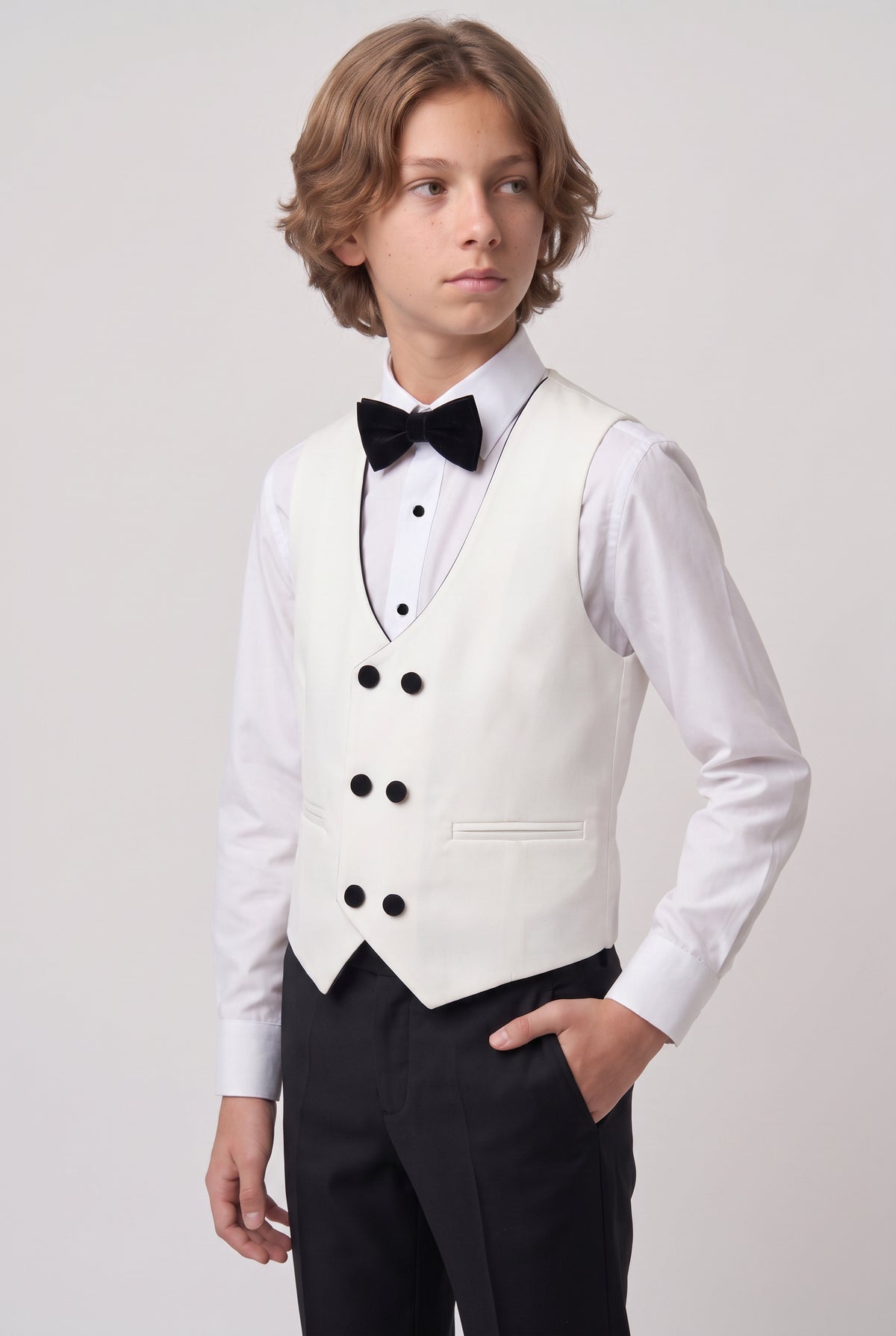 Boys Velvet Shawl Collar Tuxedo Suit - 4-Piece & 5-Piece in Ivory Waistcoat Front Picture 