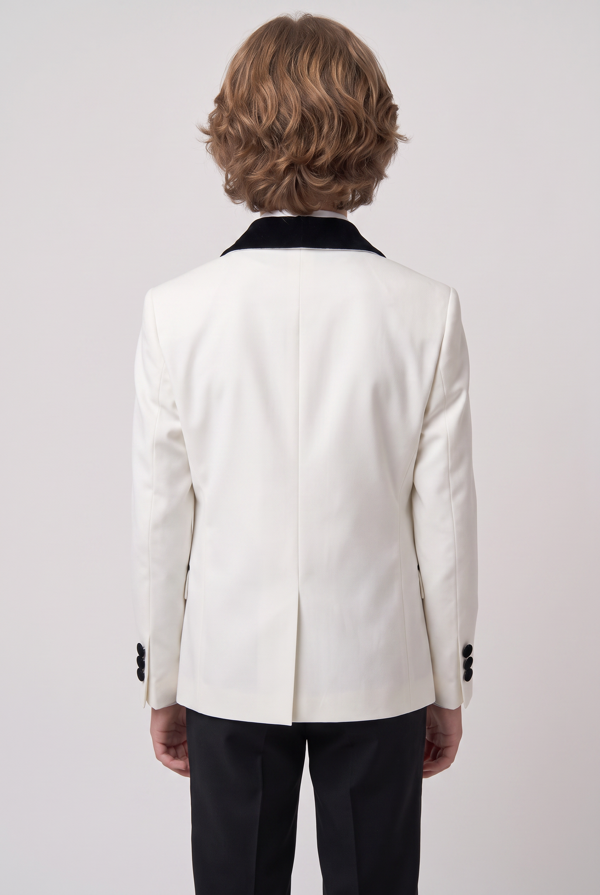 Boys Velvet Shawl Collar Tuxedo Suit - 4-Piece & 5-Piece in Ivory Model Back Picture