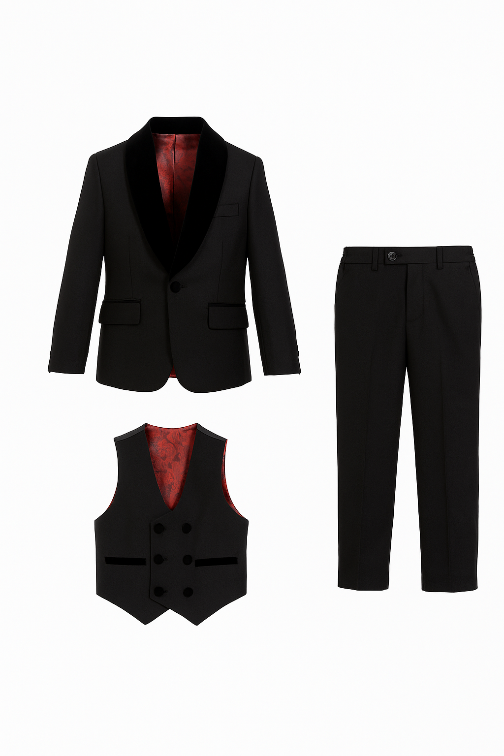 Boys Velvet Trim Black Formal Suit - Black Front Picture