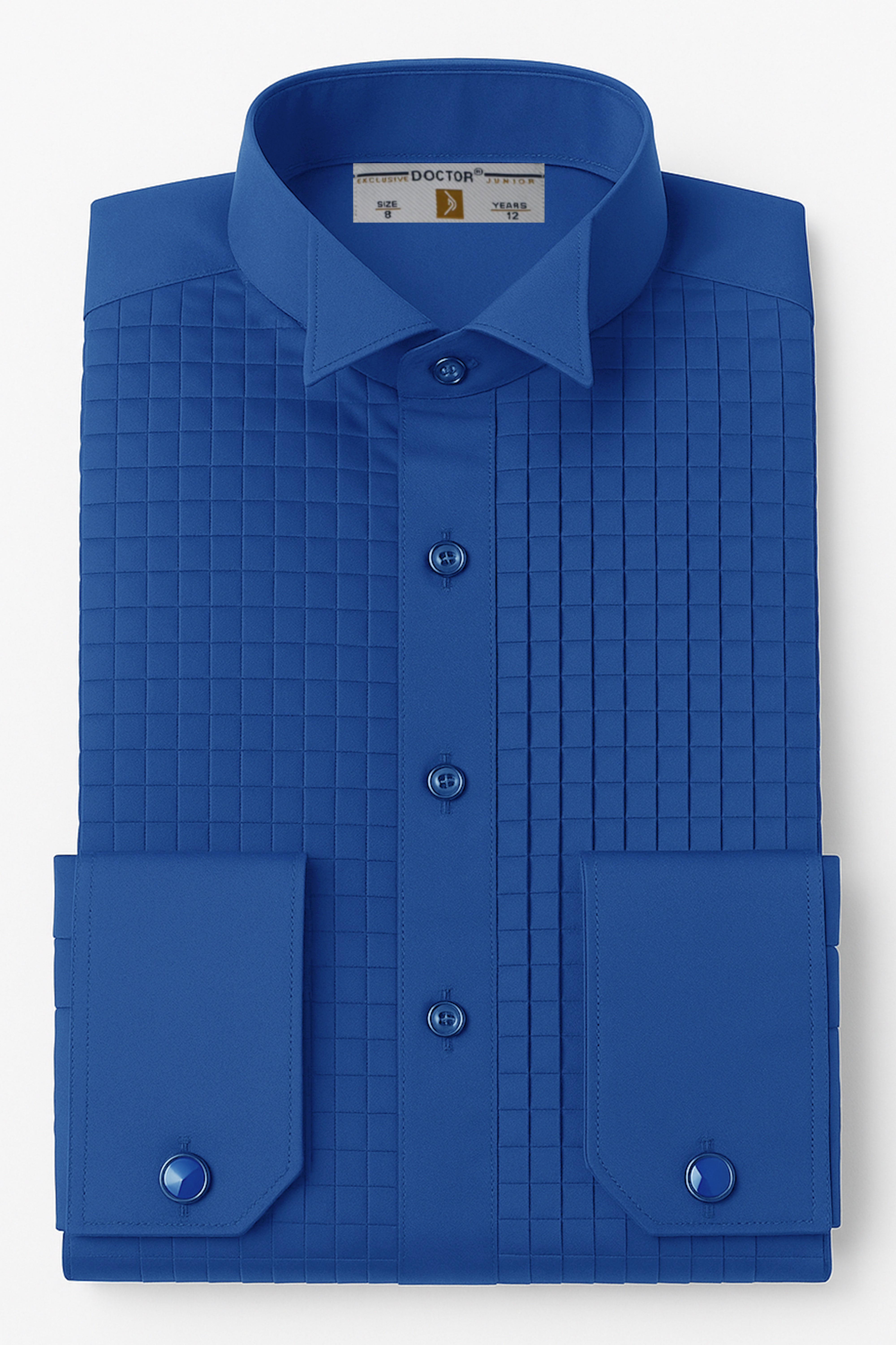 Boys Wing Collar Square Pleated Cufflink Shirt - Navy