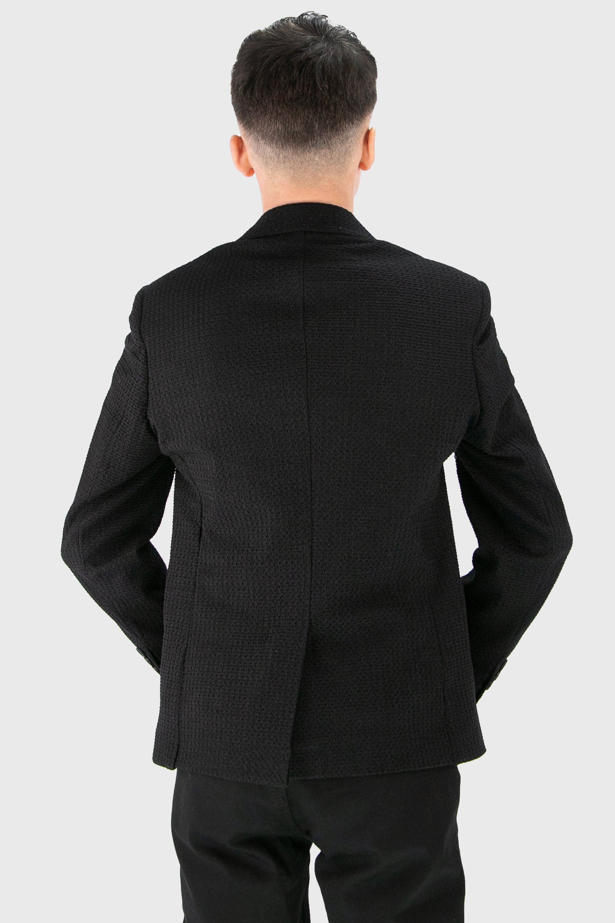 Boys’ 2-Piece Piqué Weave Textured Suit - Rodrigo - Black Blazer Back Picture