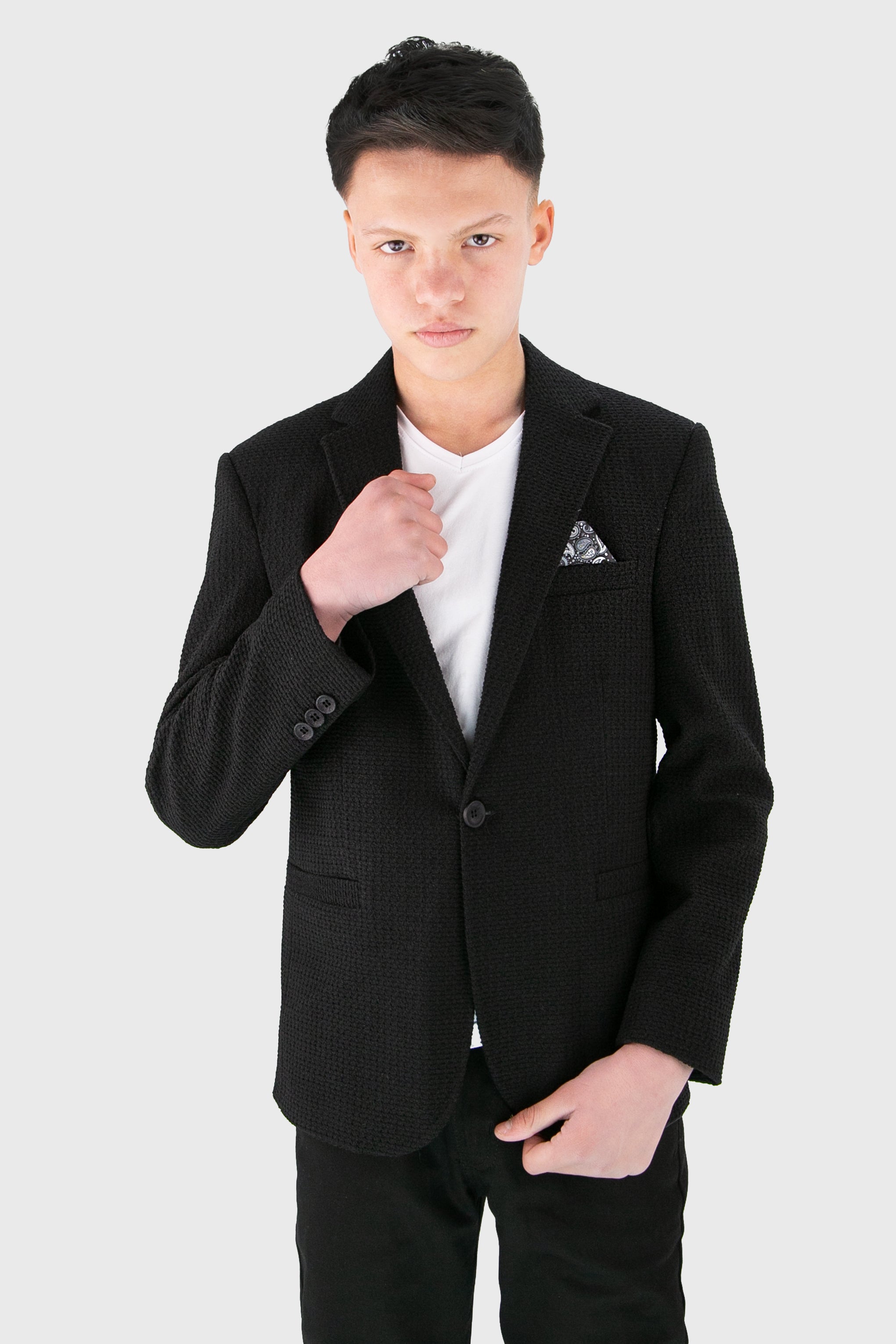 Boys’ 2-Piece Piqué Weave Textured Suit - Rodrigo - Black Model Picture