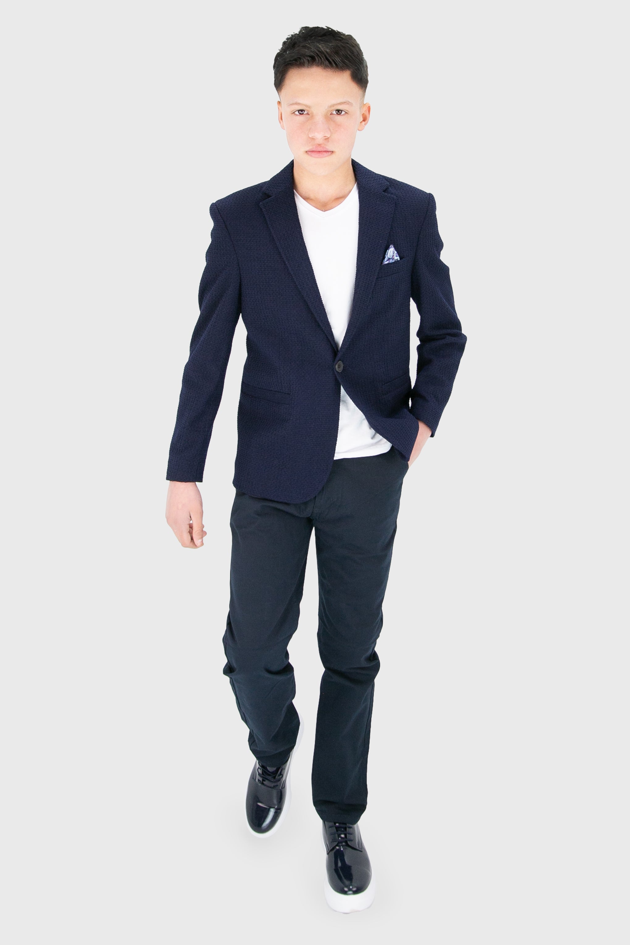 Boys’ 2-Piece Piqué Weave Textured Suit - Rodrigo - Navy Model Front Picture