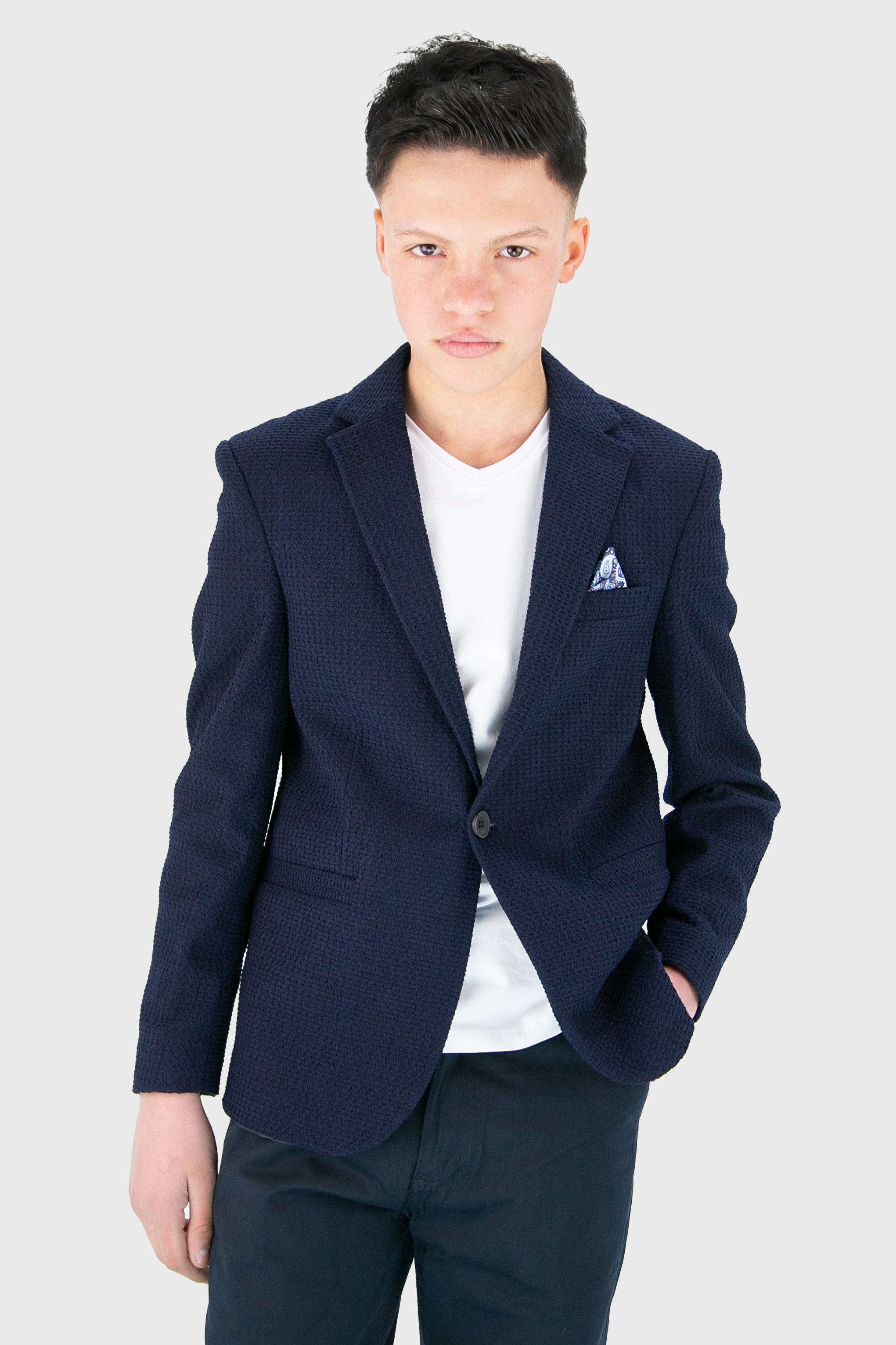 Boys’ 2-Piece Piqué Weave Textured Suit - Rodrigo - Navy Model Picture