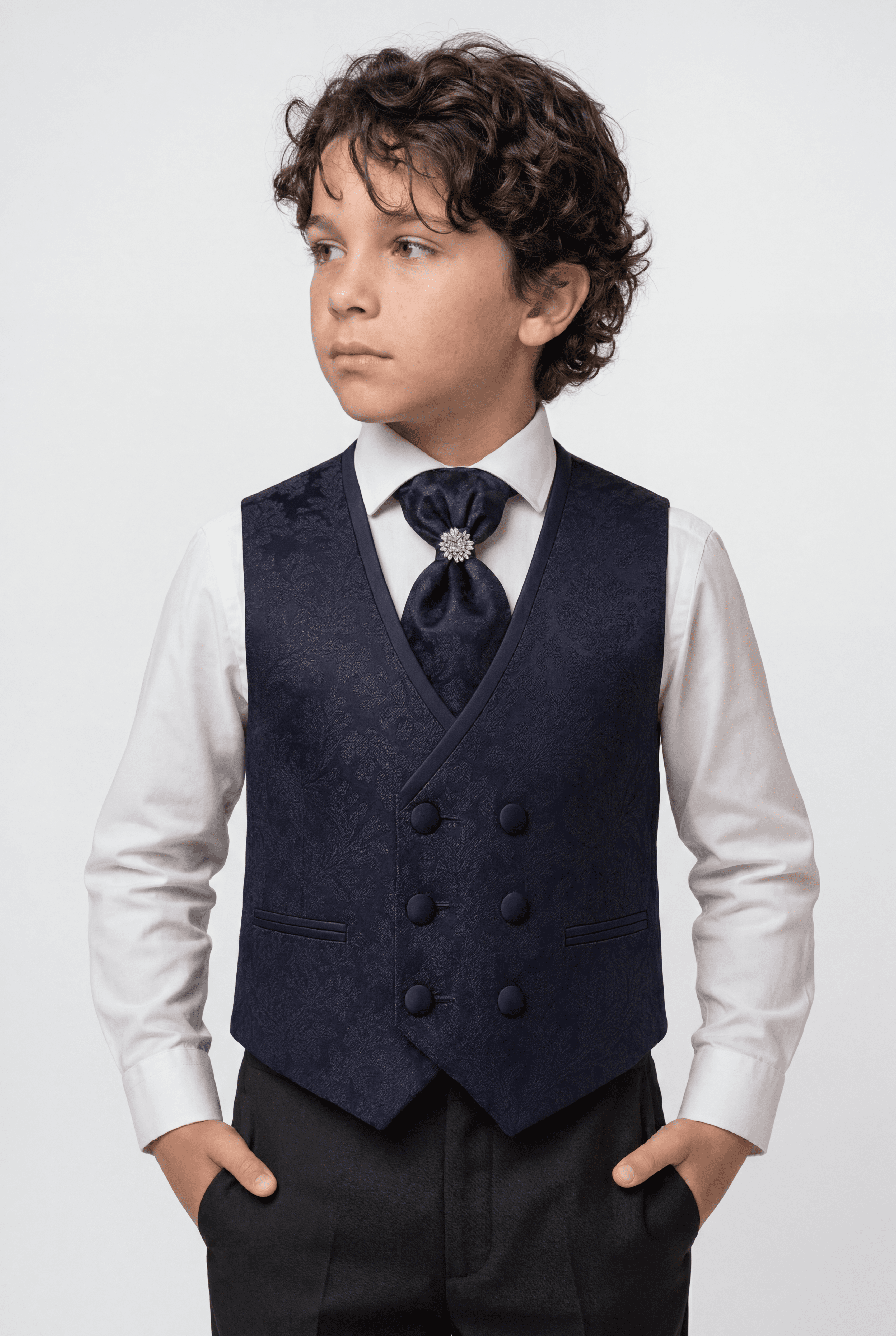 2-teiliges Weste-Krawatten-Set für Jungen mit Paisley-Muster, Jacquardmuster, Marineblau