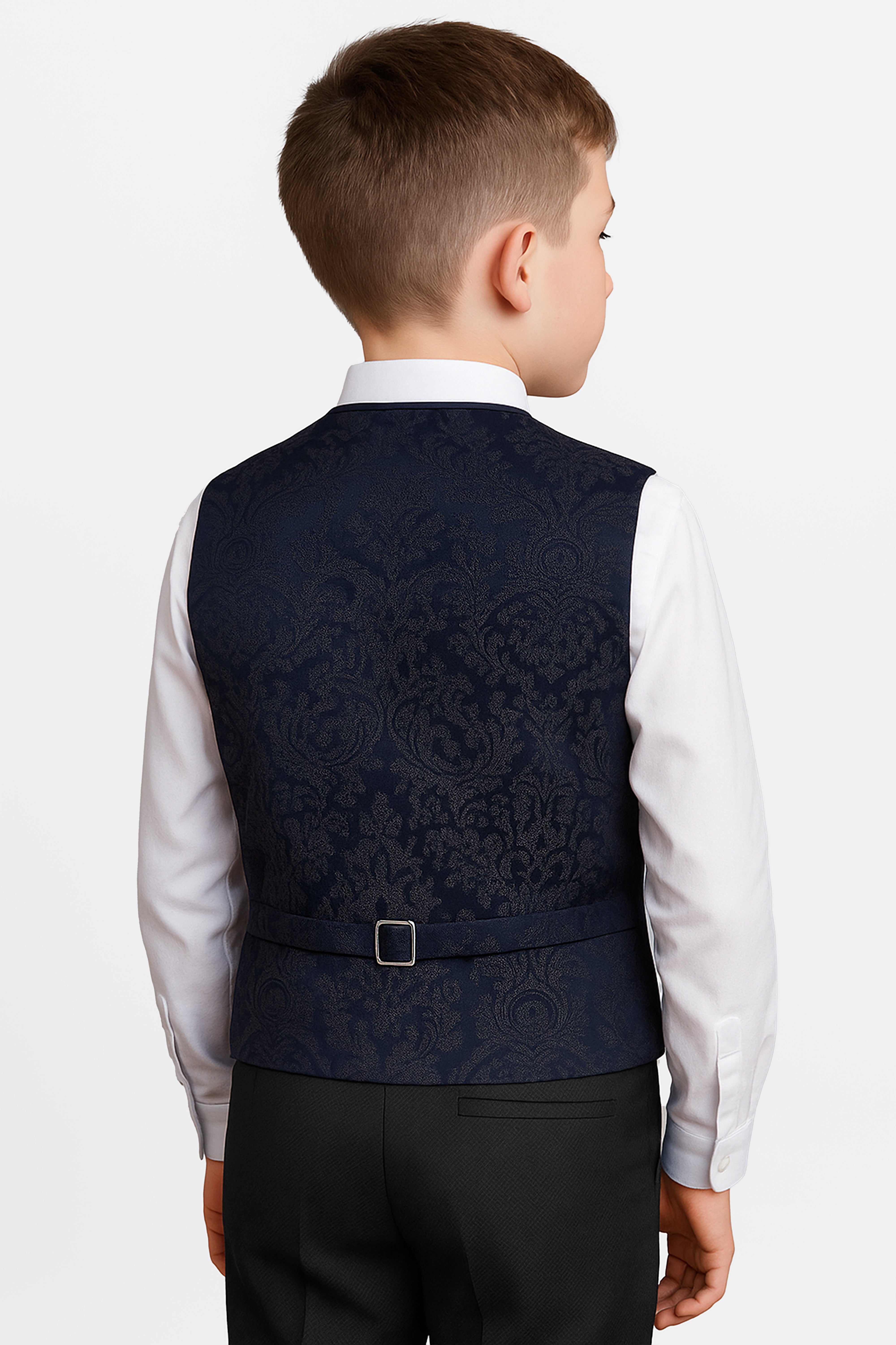 Boys 2-Piece Paisley Jacquard Waistcoat Cravat Set  - Navy Blue Back Picture