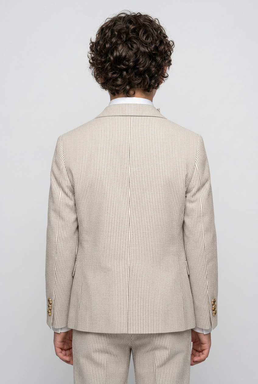 Costume garçon 3 pièces à rayures fines croisé - Beige et Marron