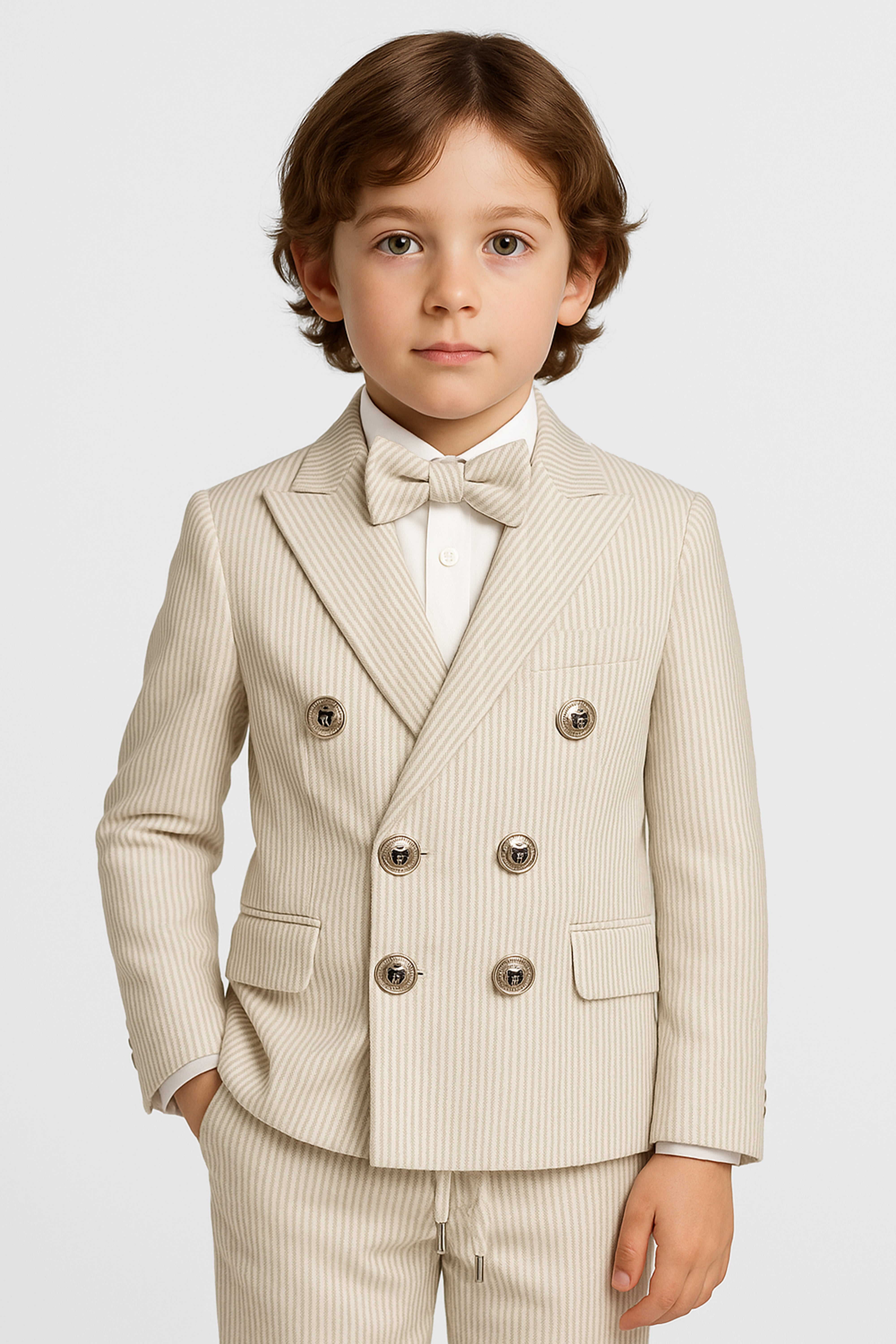 Boys’ 3-Piece Pinstripe Double-Breasted Suit - Ivory & Mocha Front Picture
