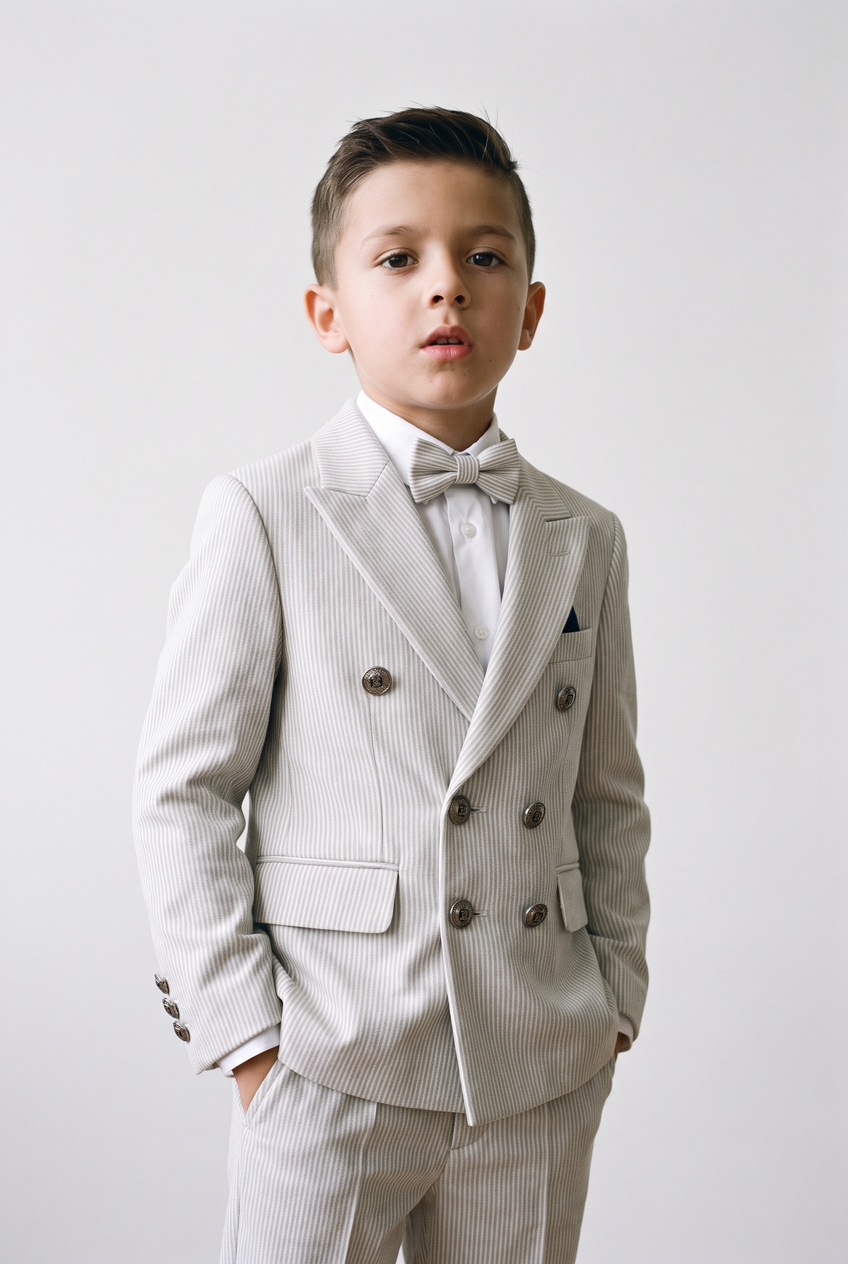 Boys’ 3-Piece Pinstripe Double-Breasted Suit - Ivory & Mocha Model Picture