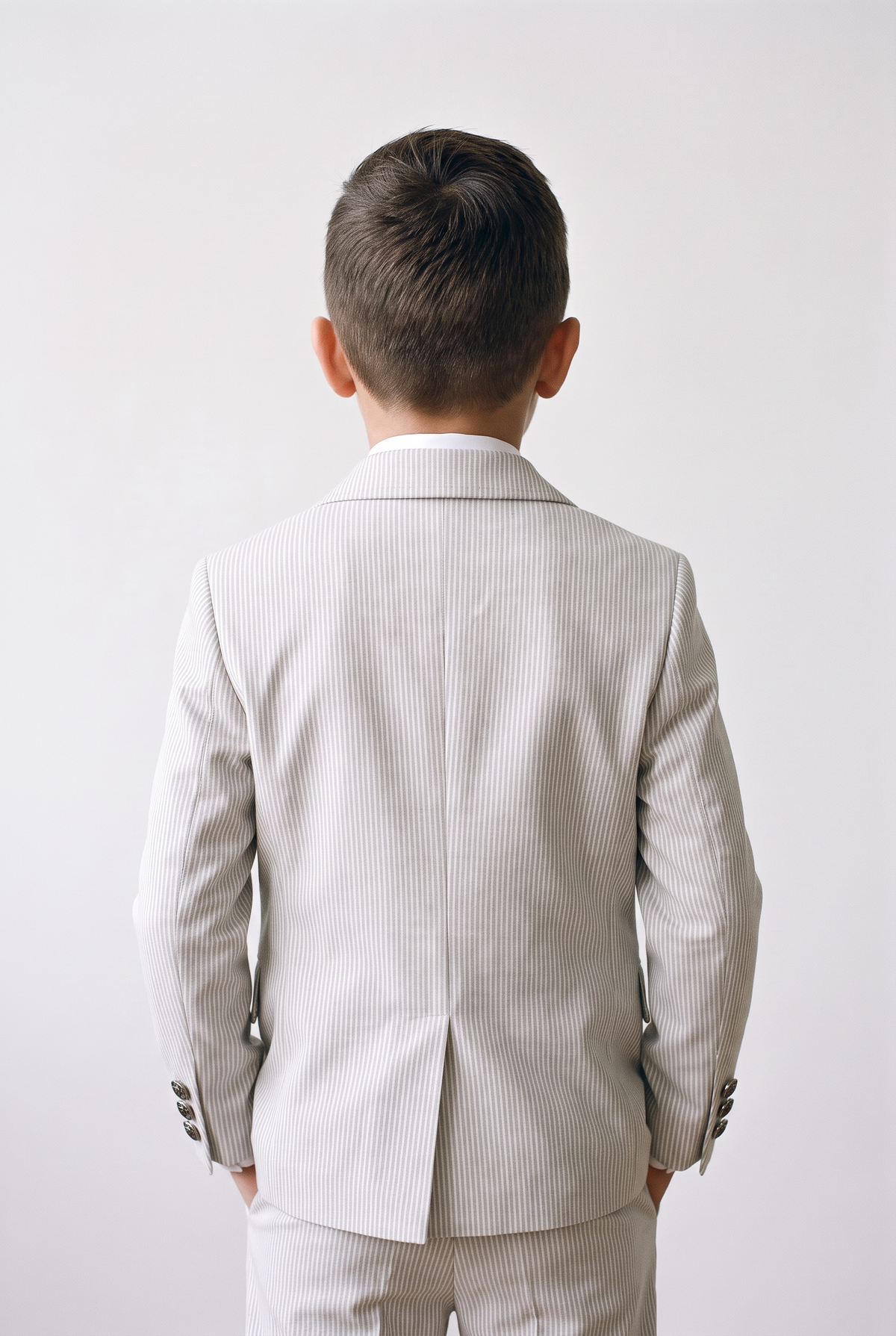 Boys’ 3-Piece Pinstripe Double-Breasted Suit - Ivory & Mocha Model Back Picture