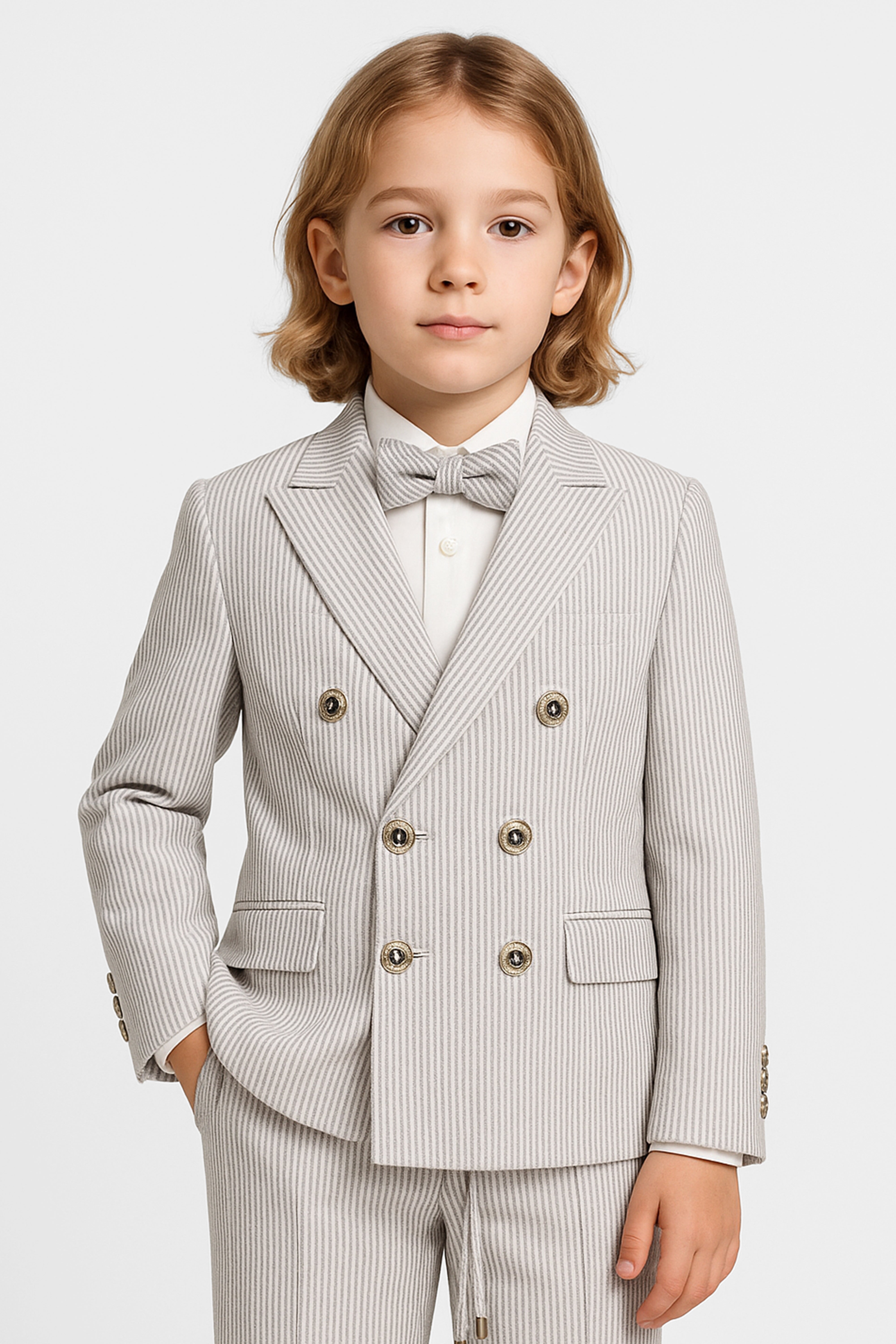 Boys’ 3-Piece Pinstripe Double-Breasted Suit - Light Beige & Grey Front Picture