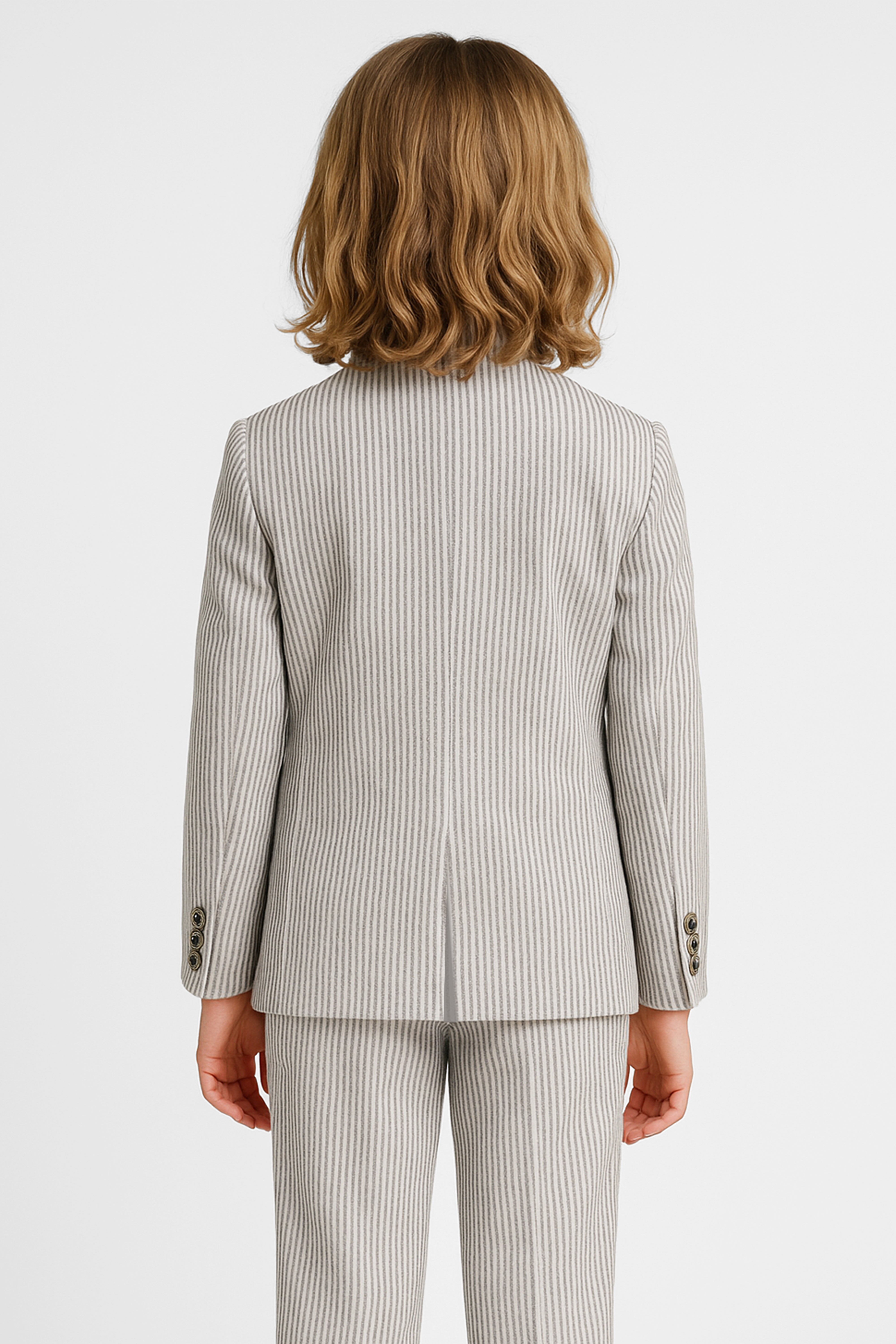 Boys’ 3-Piece Pinstripe Double-Breasted Suit - Light Beige & Grey Back Picture