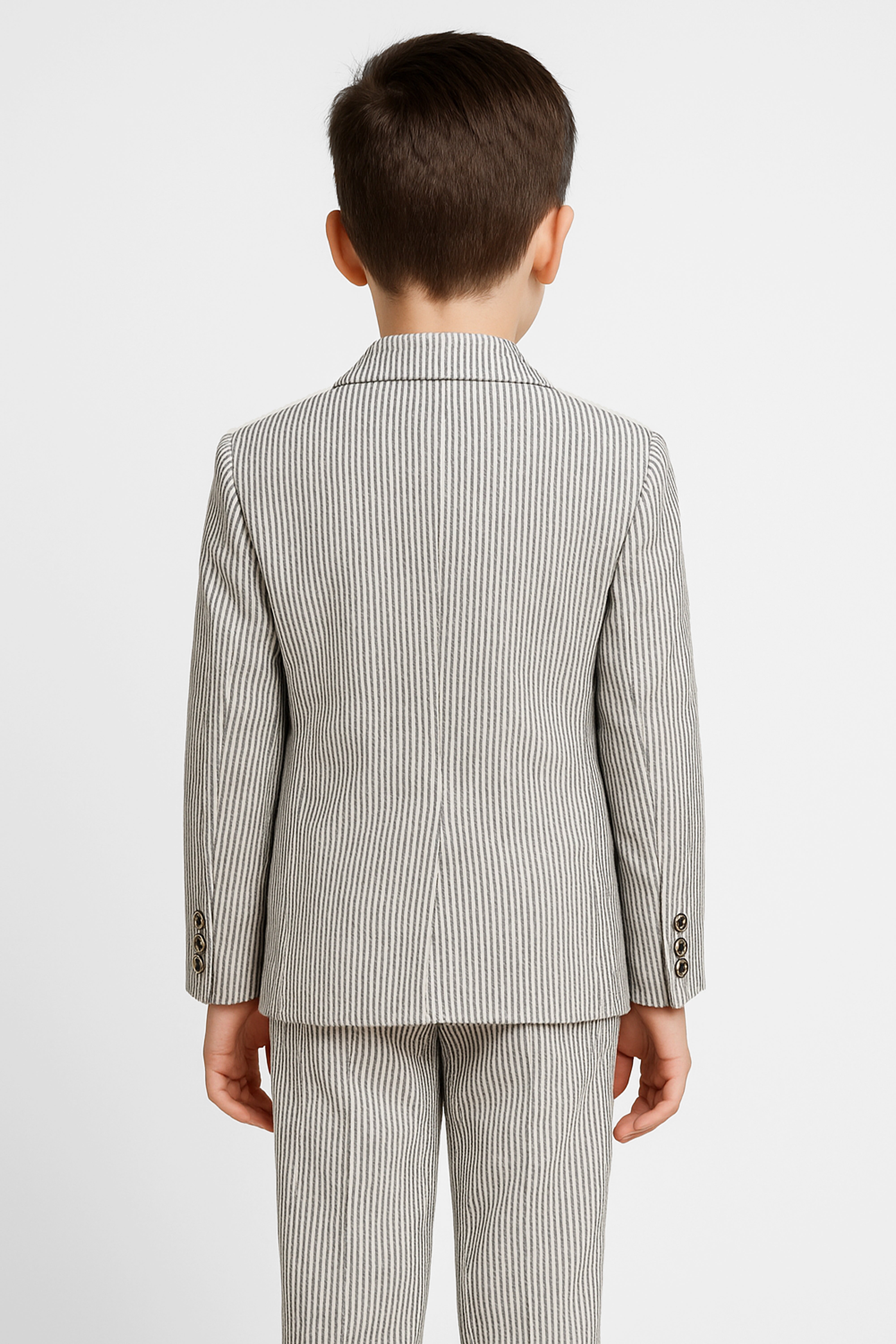 Boys’ 3-Piece Pinstripe Double-Breasted Suit - Off-White & Navy Back Picture