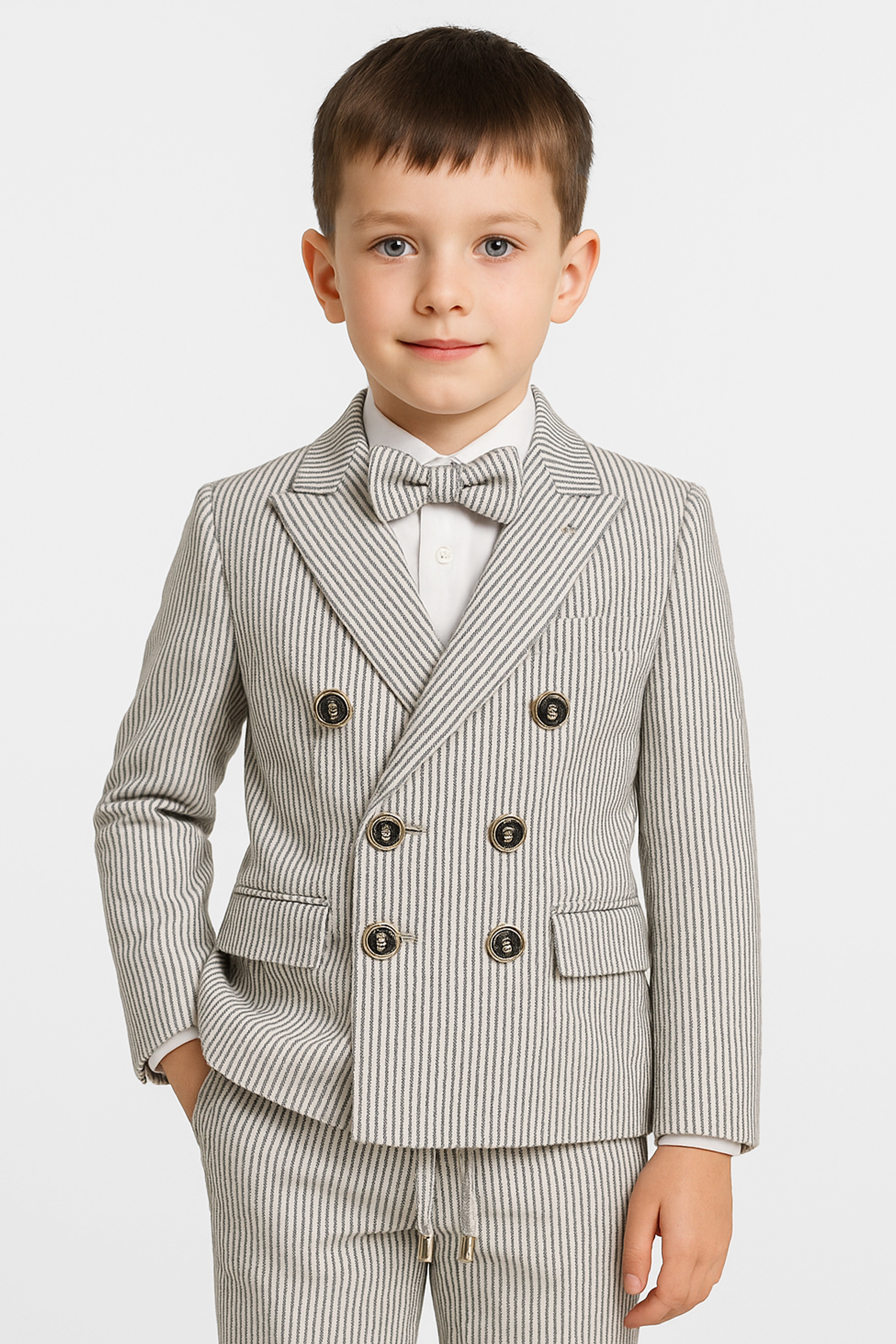 Boys’ 3-Piece Pinstripe Double-Breasted Suit - Off-White & Navy Model Picture