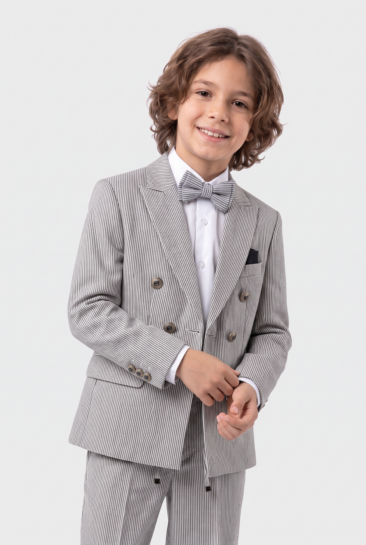 Boys’ 3-Piece Pinstripe Double-Breasted Suit - Off-White & Navy model picture