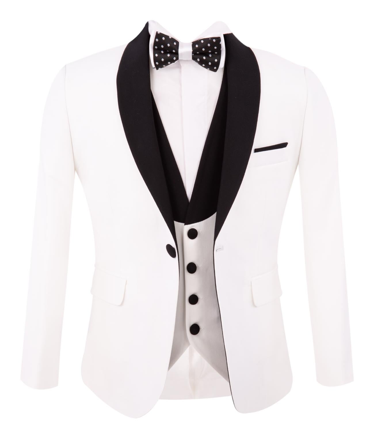 Ensemble smoking blanc 3 pièces pour garçon avec détails noirs