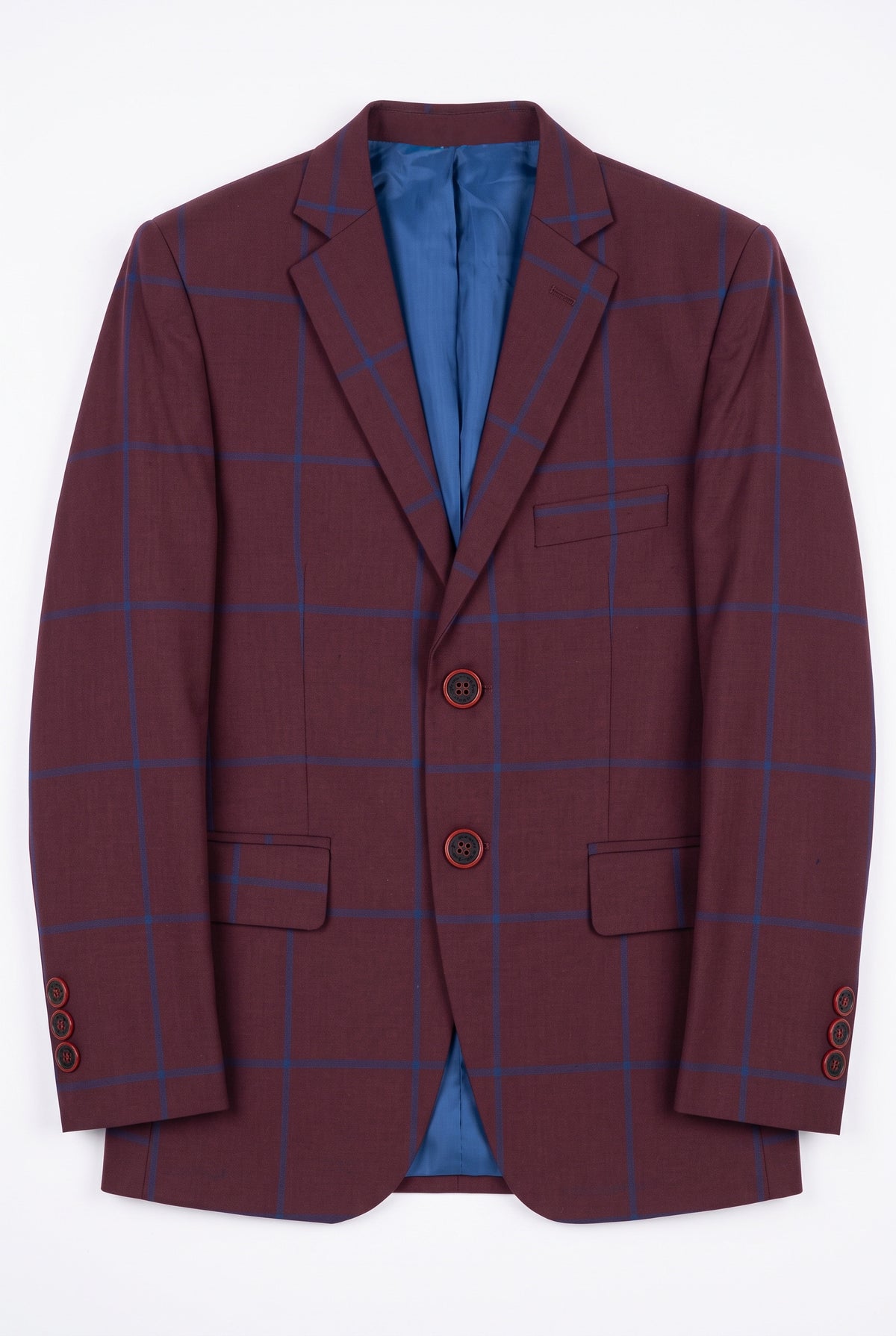 Boys 3 Piece Tailored Fit Windowpane Check Suit - DOMINIC - Burgundy - Blue Blazer Front Picture