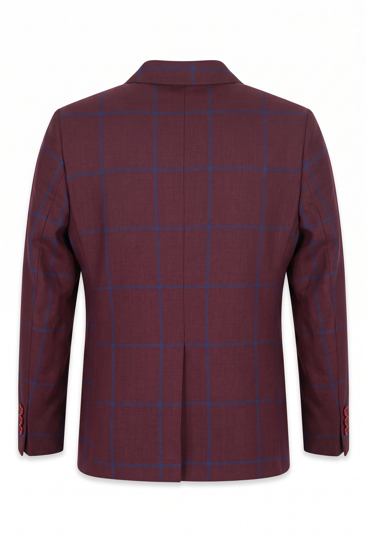 Boys 3 Piece Tailored Fit Windowpane Check Suit - DOMINIC - Burgundy - Blue Blazer Back Picture