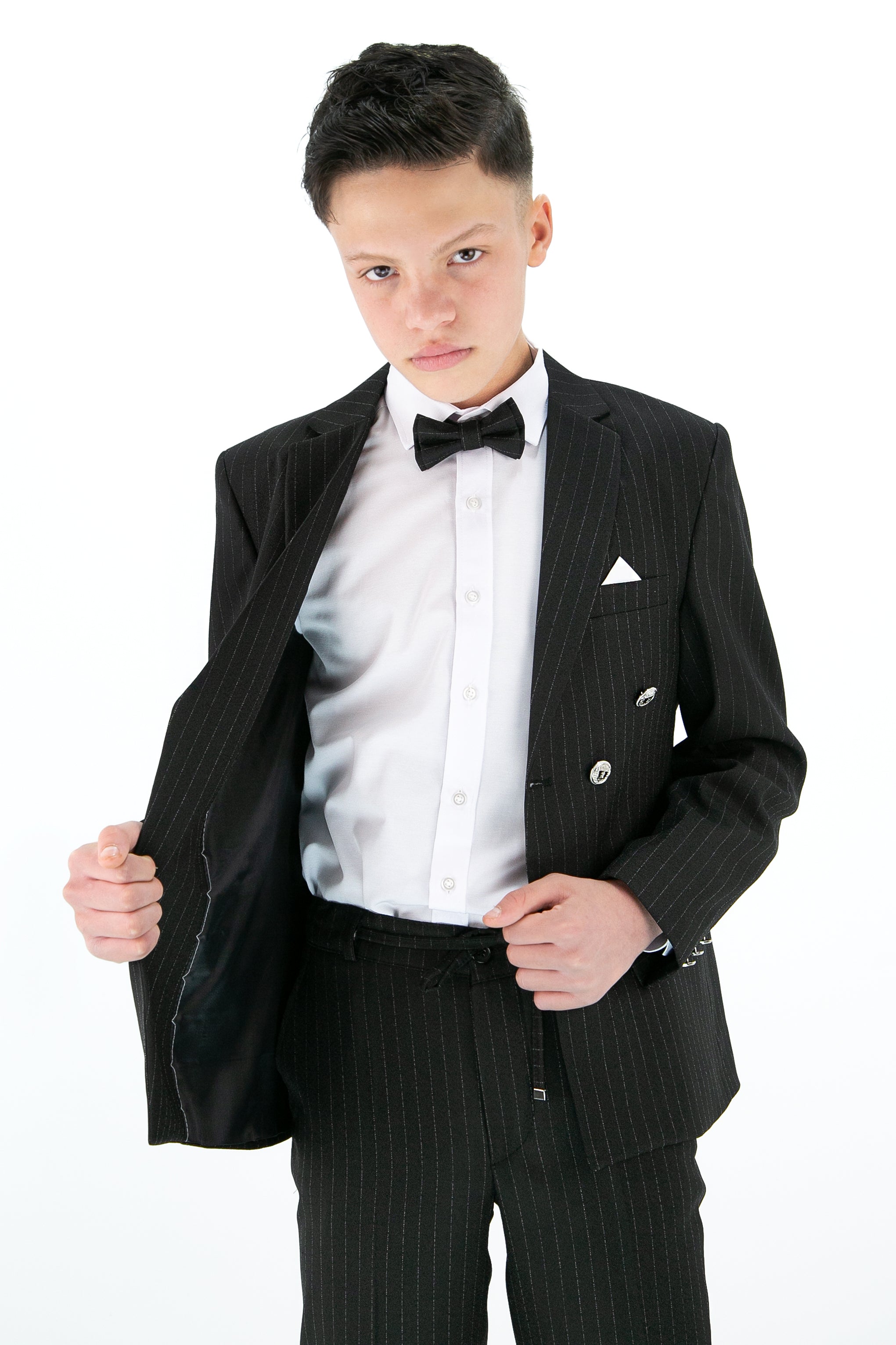 Boys’ 4-Piece Black Double Breasted Striped Suit Linning Picture