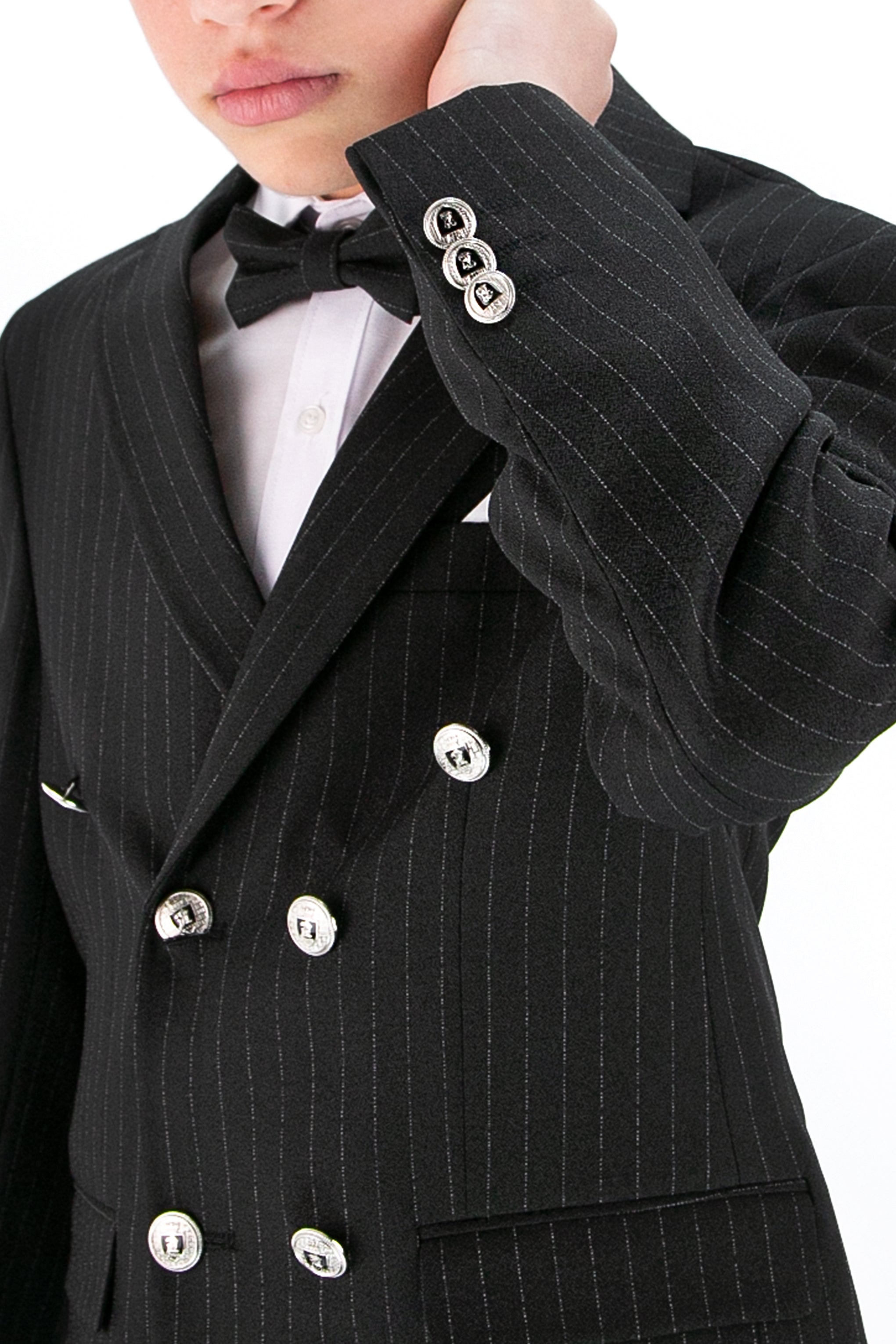 Boys’ 4-Piece Black Double Breasted Striped Suit Buttons Picture