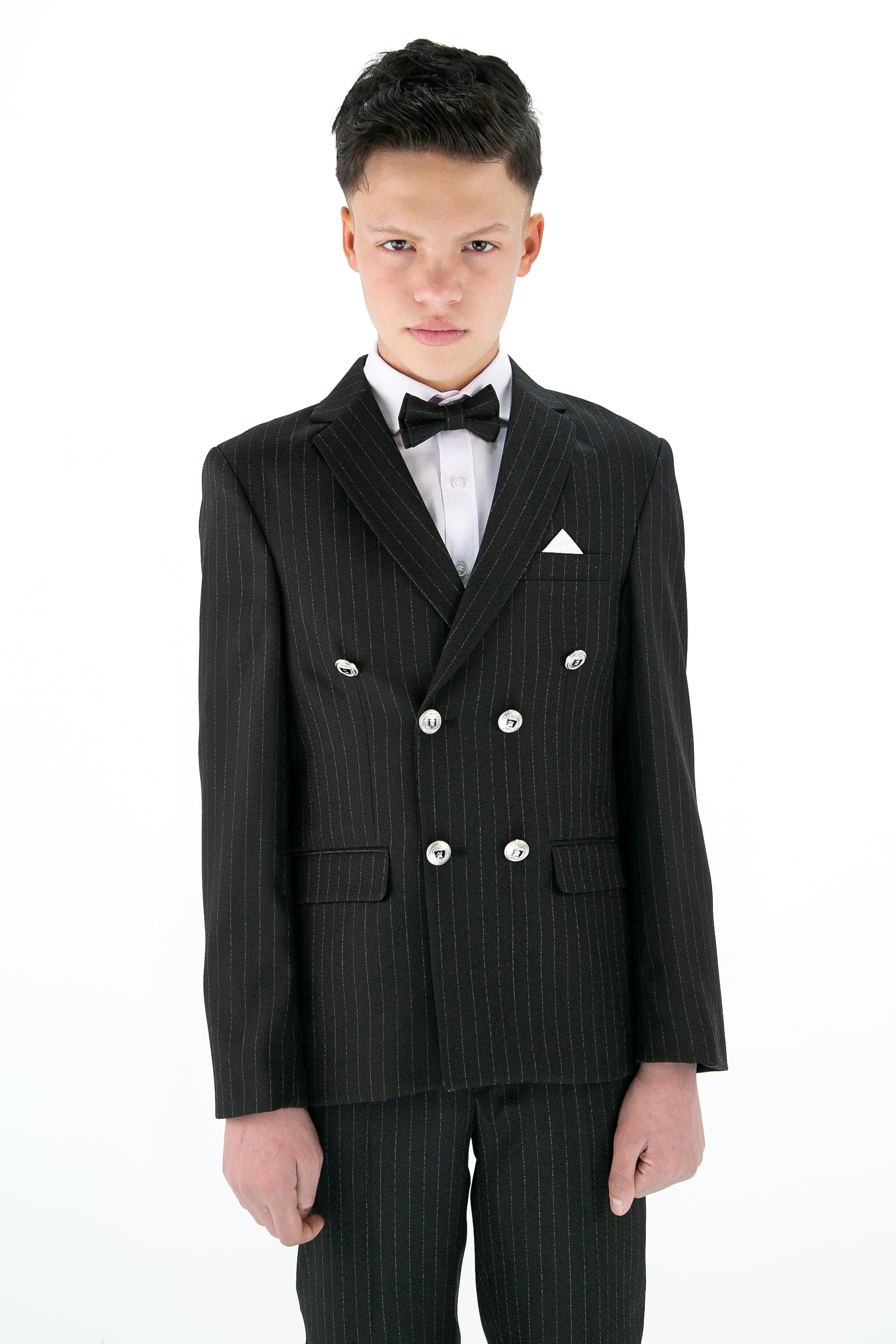 Boys’ 4-Piece Black Double Breasted Striped Suit