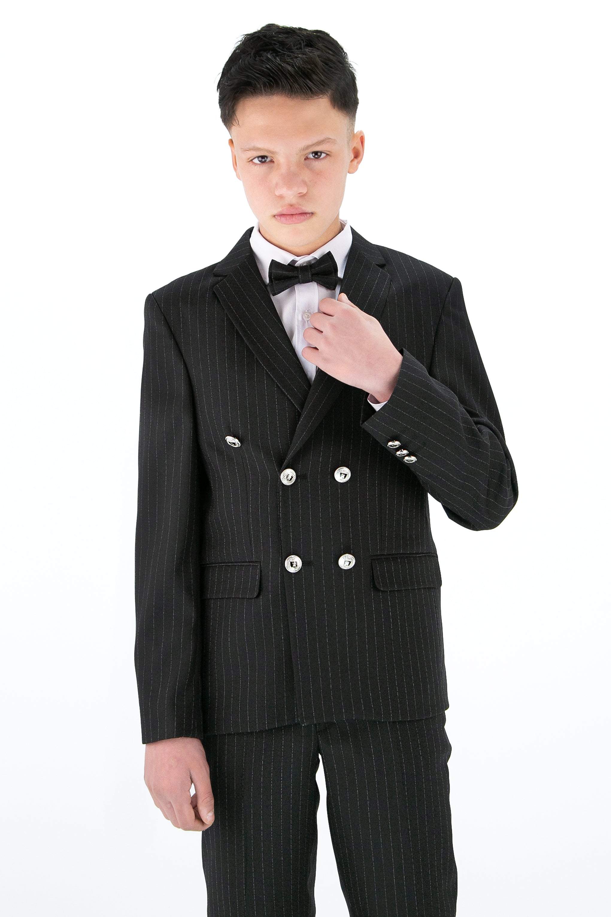 Boys’ 4-Piece Black Double Breasted Striped Suit Model Picture