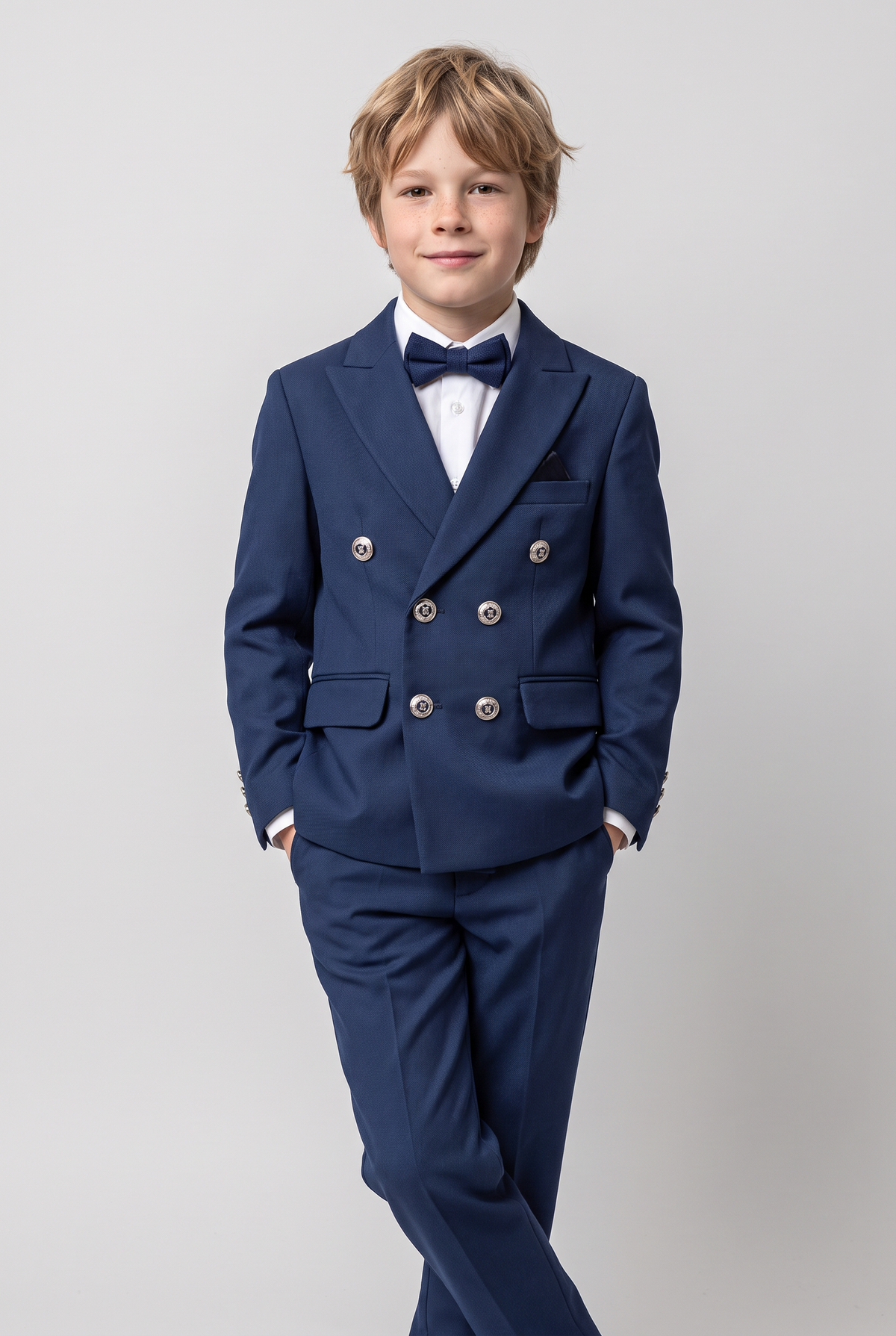 Boys’ 4-Piece Textured Double Breasted Formal Suit - Montero Navy model front picture