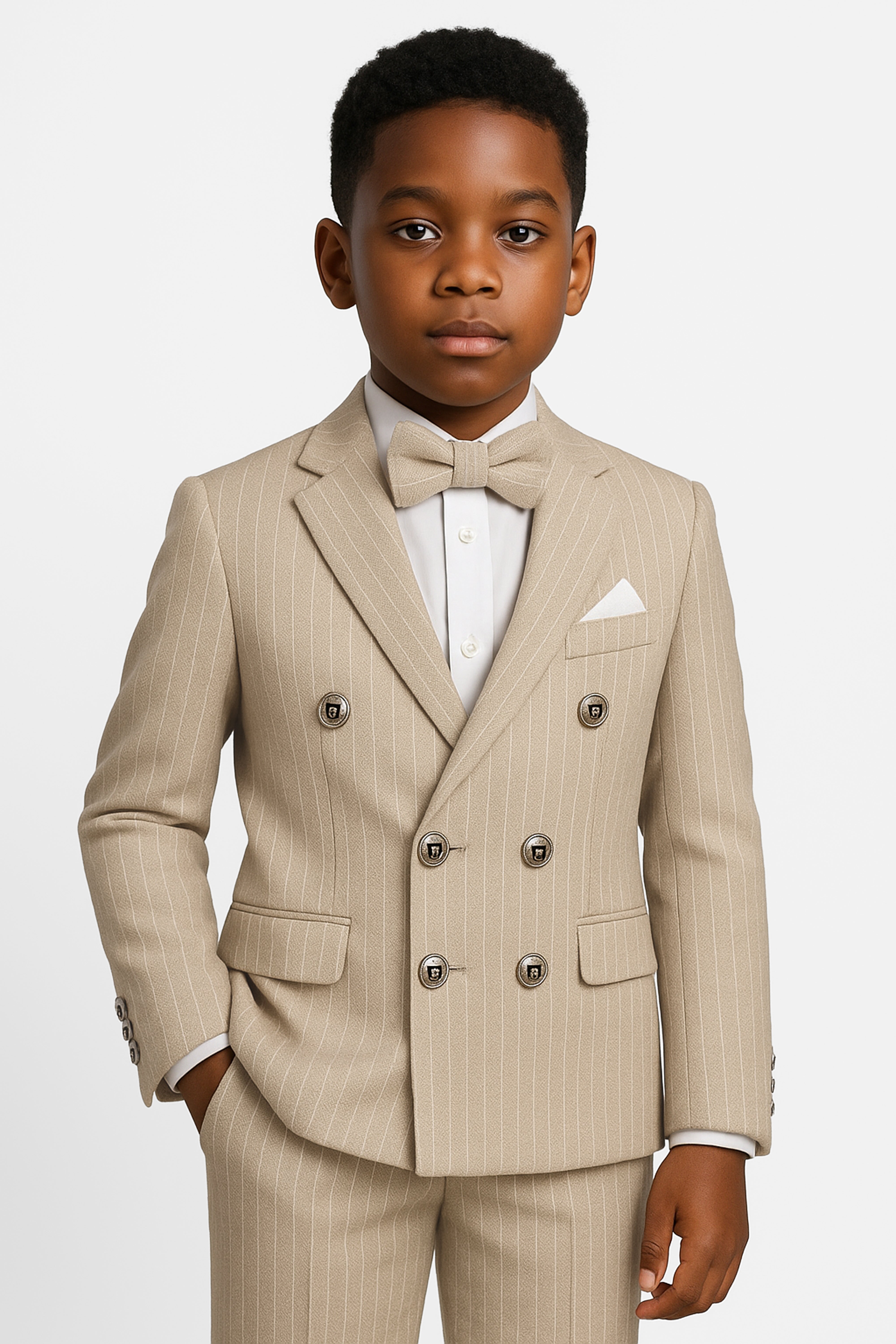 Boys’ 4-Piece Textured Pinstripe Double-Breasted Suit  - Camel Beige