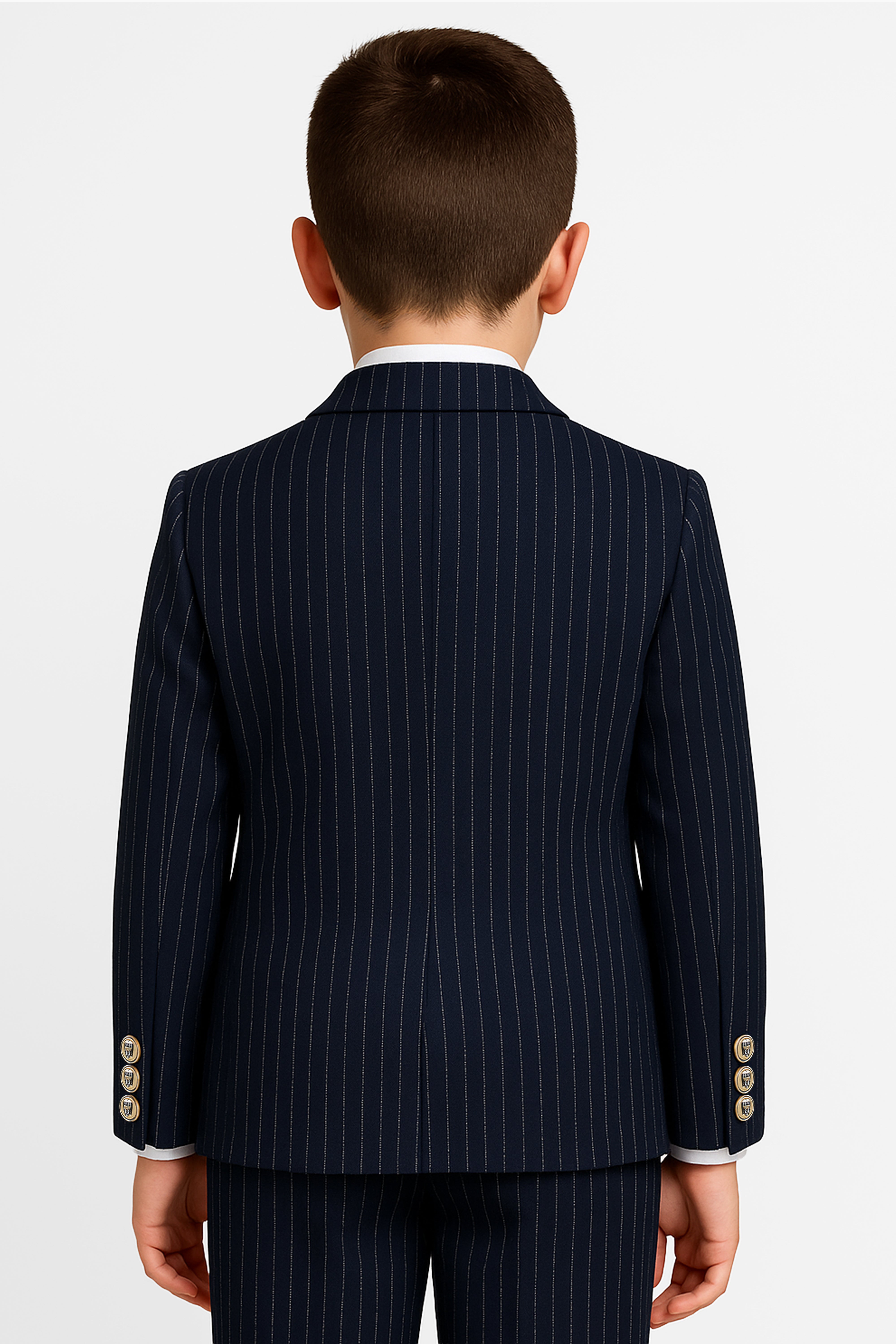Boys’ 4-Piece Textured Pinstripe Double-Breasted Suit  - Navy Bue Back Picture