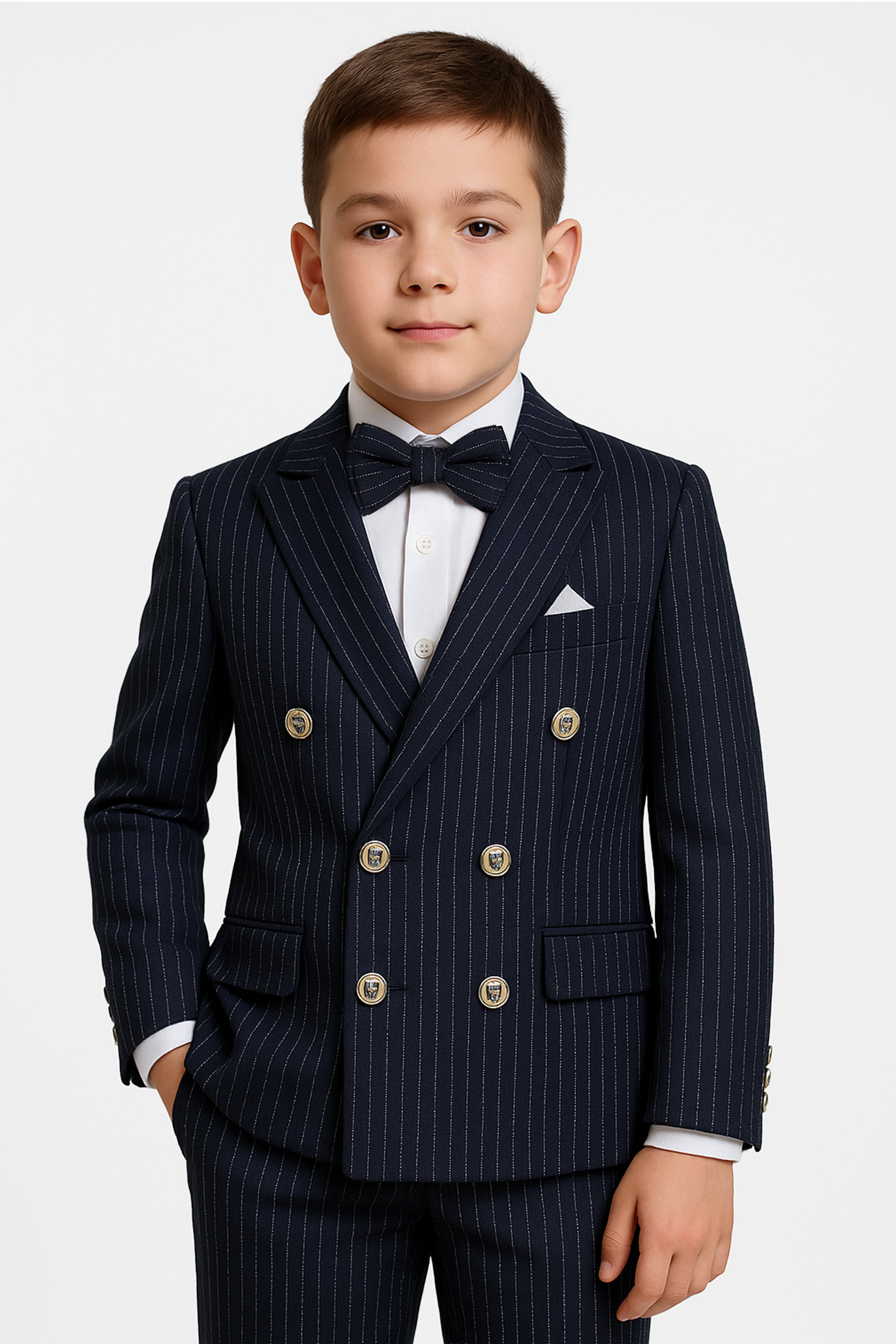 Boys’ 4-Piece Textured Pinstripe Double-Breasted Suit  - Navy Bue Front Picture
