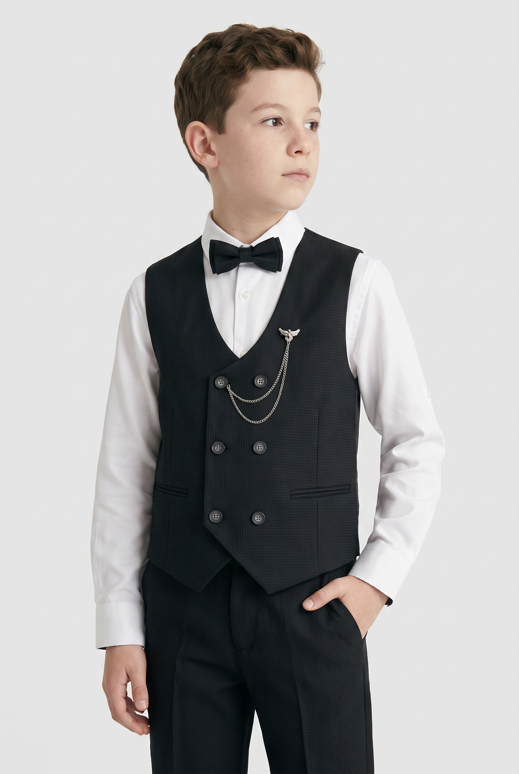 Completo da ragazzo 5 pezzi con gilet doppiopetto testurizzato - MATRIX - Nero