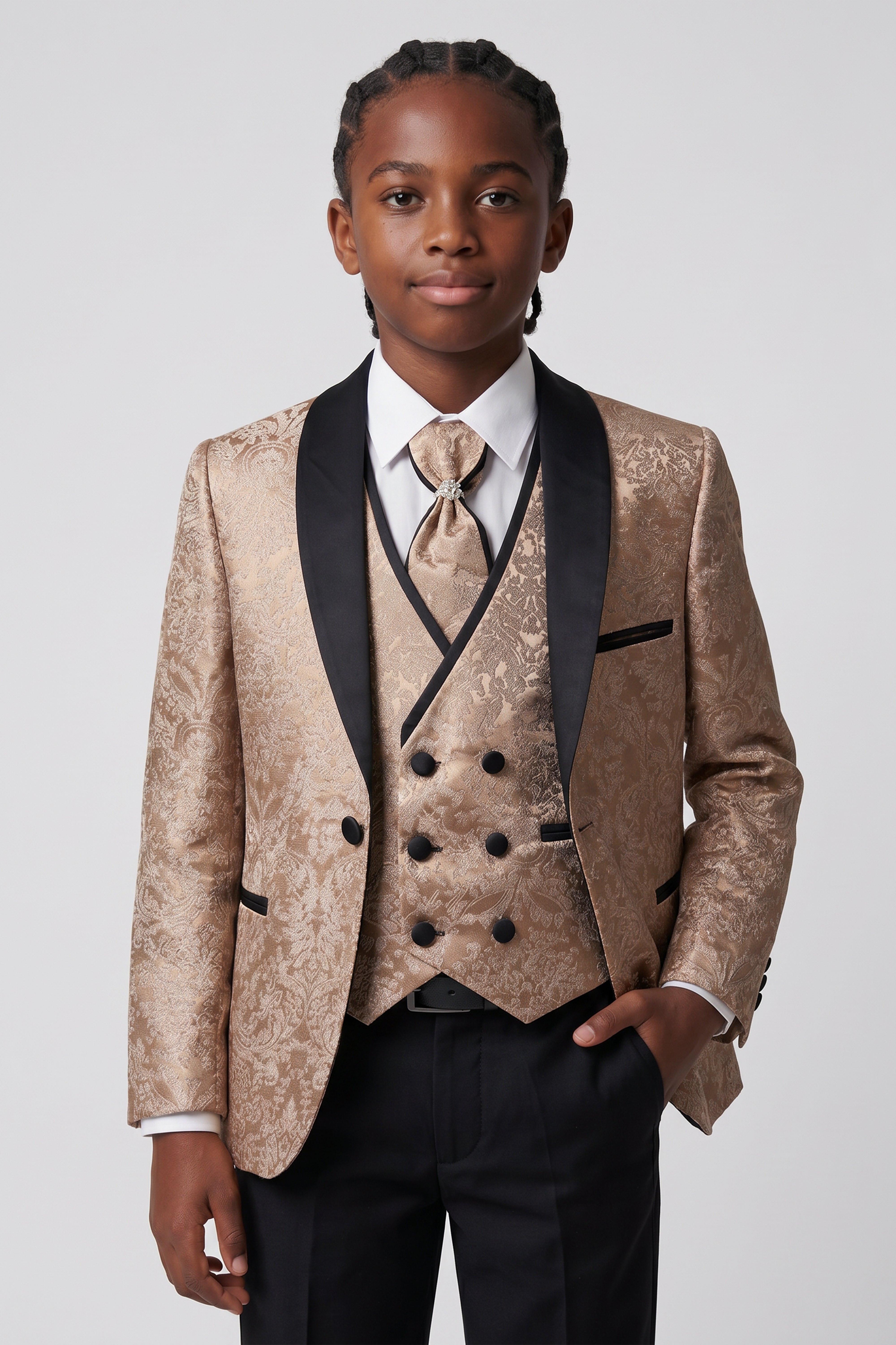 Jungen 5-teiliges Blumen-Jacquard-Smoking-Set mit zweireihiger Weste – Gold