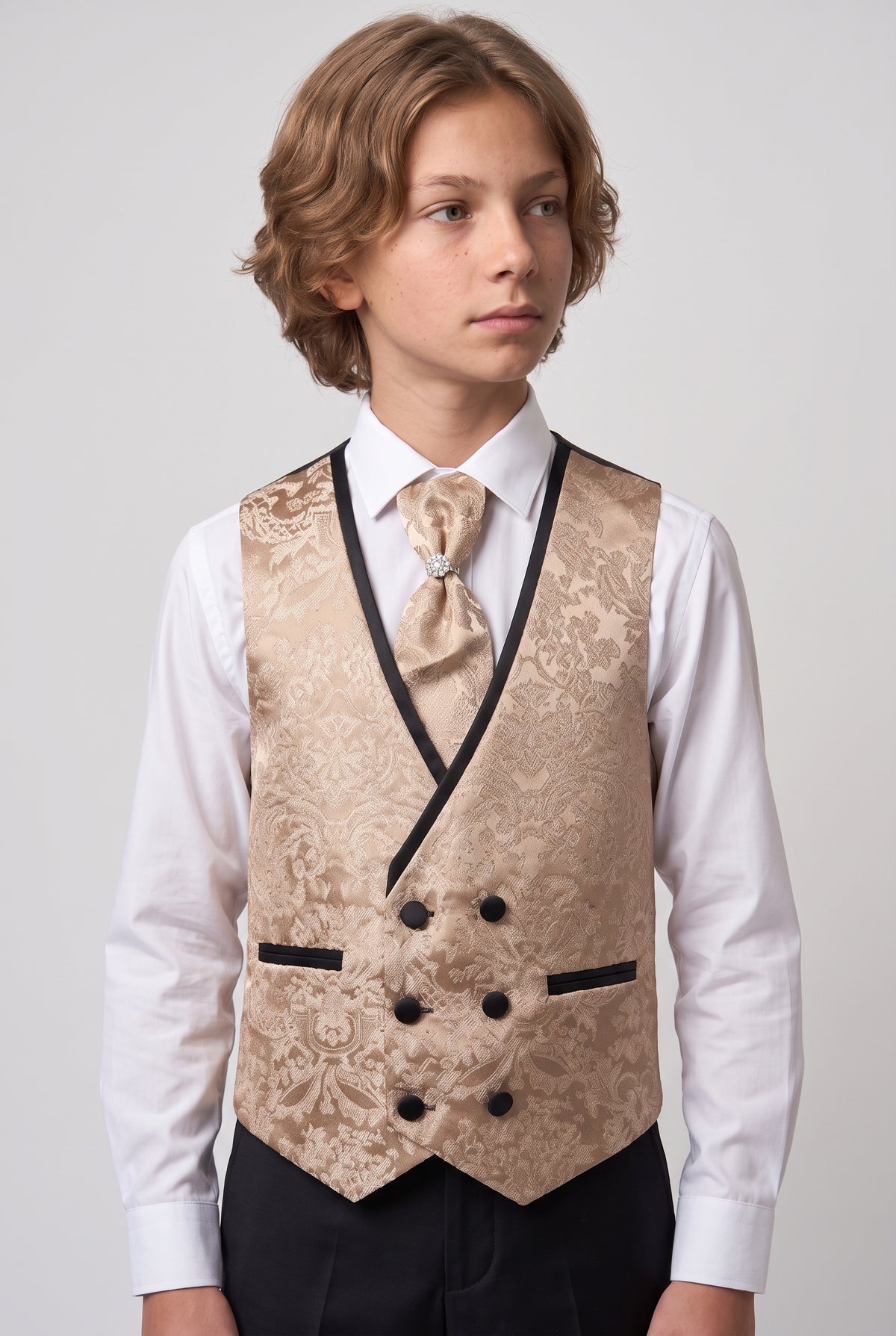 Costume smoking jacquard floral 5 pièces pour garçons avec gilet croisé - Or