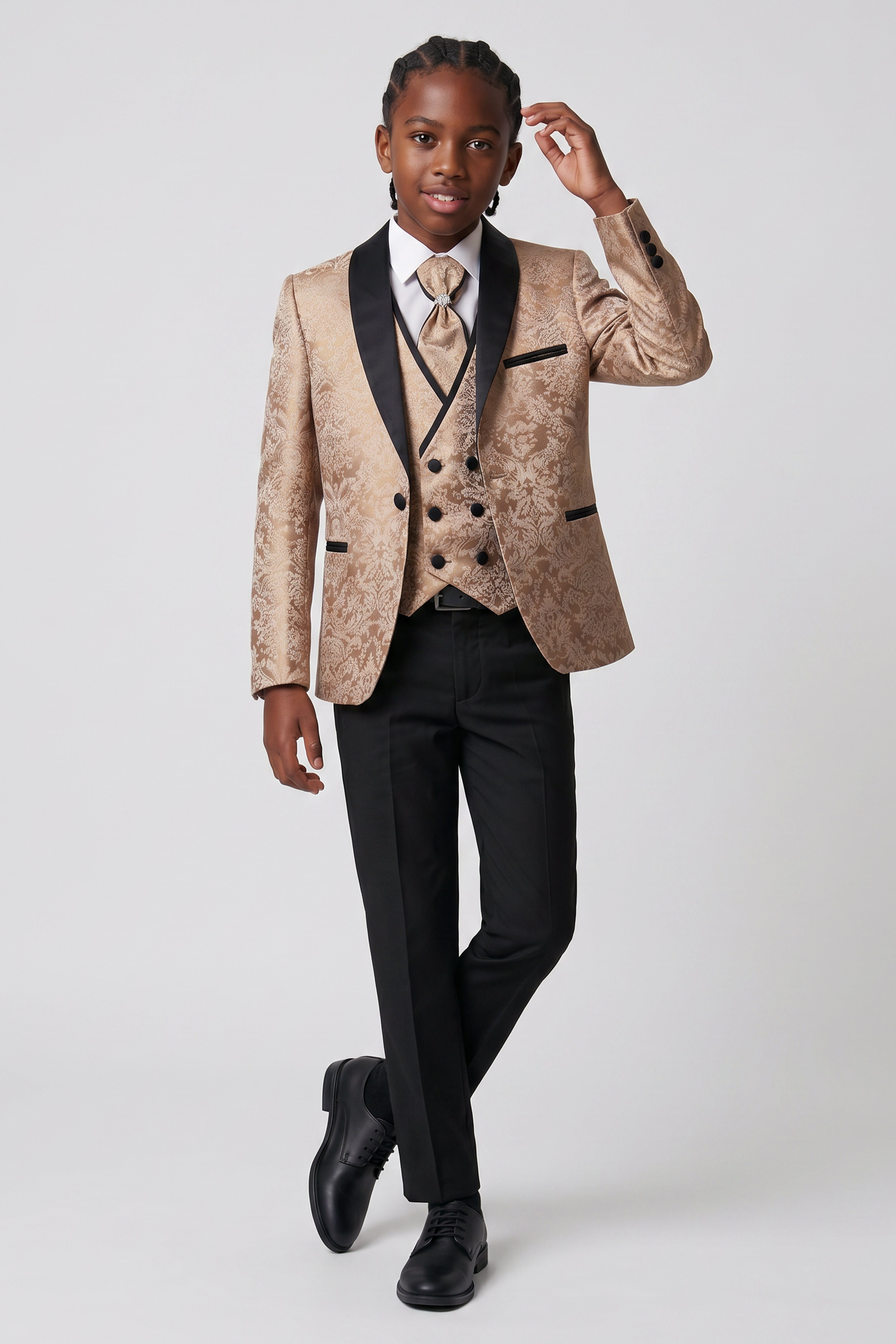 Jungen 5-teiliges Blumen-Jacquard-Smoking-Set mit zweireihiger Weste – Gold