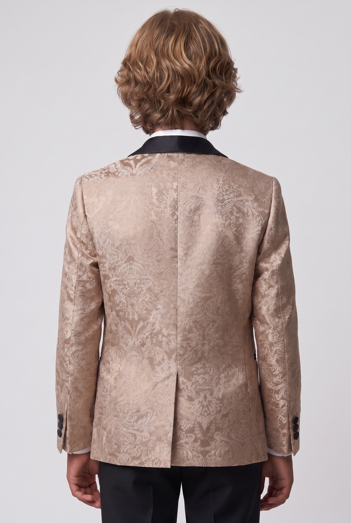 Costume smoking jacquard floral 5 pièces pour garçons avec gilet croisé - Or