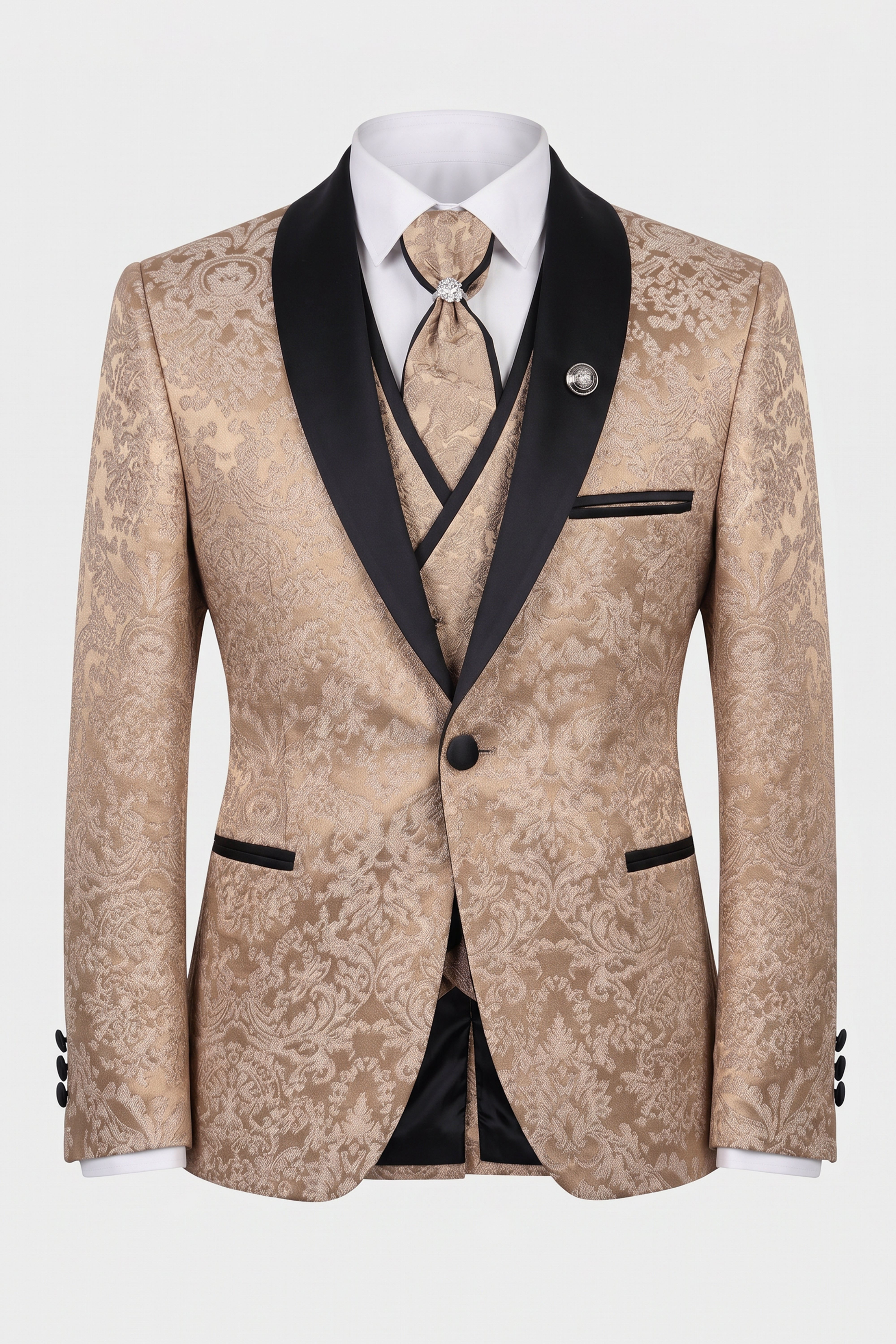 Traje de esmoquin floral jacquard de 5 piezas para niños con chaleco cruzado - Dorado