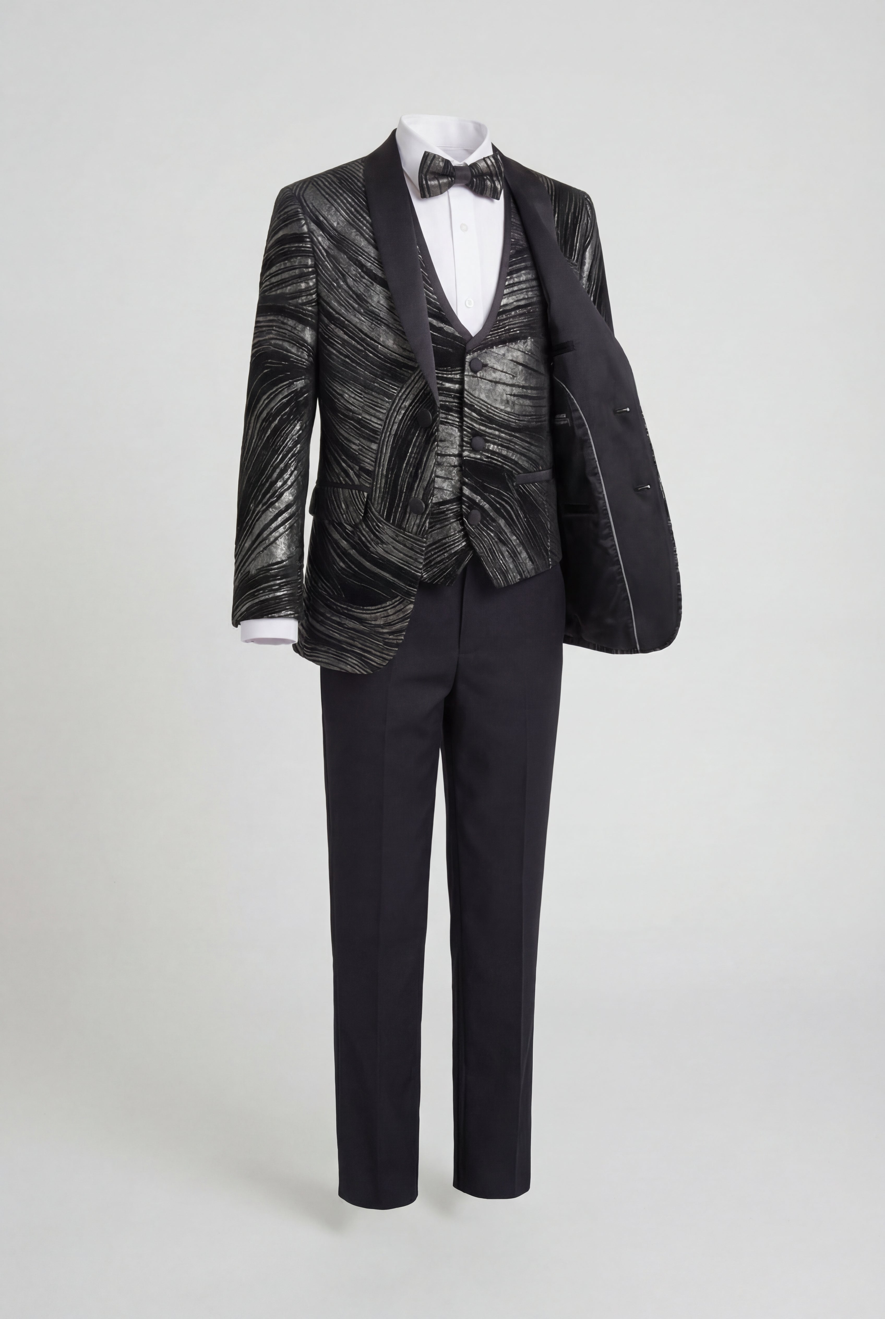 Boys 5-Piece Metallic Jacquard Tuxedo Suit - Black and Silver Mannequin picture