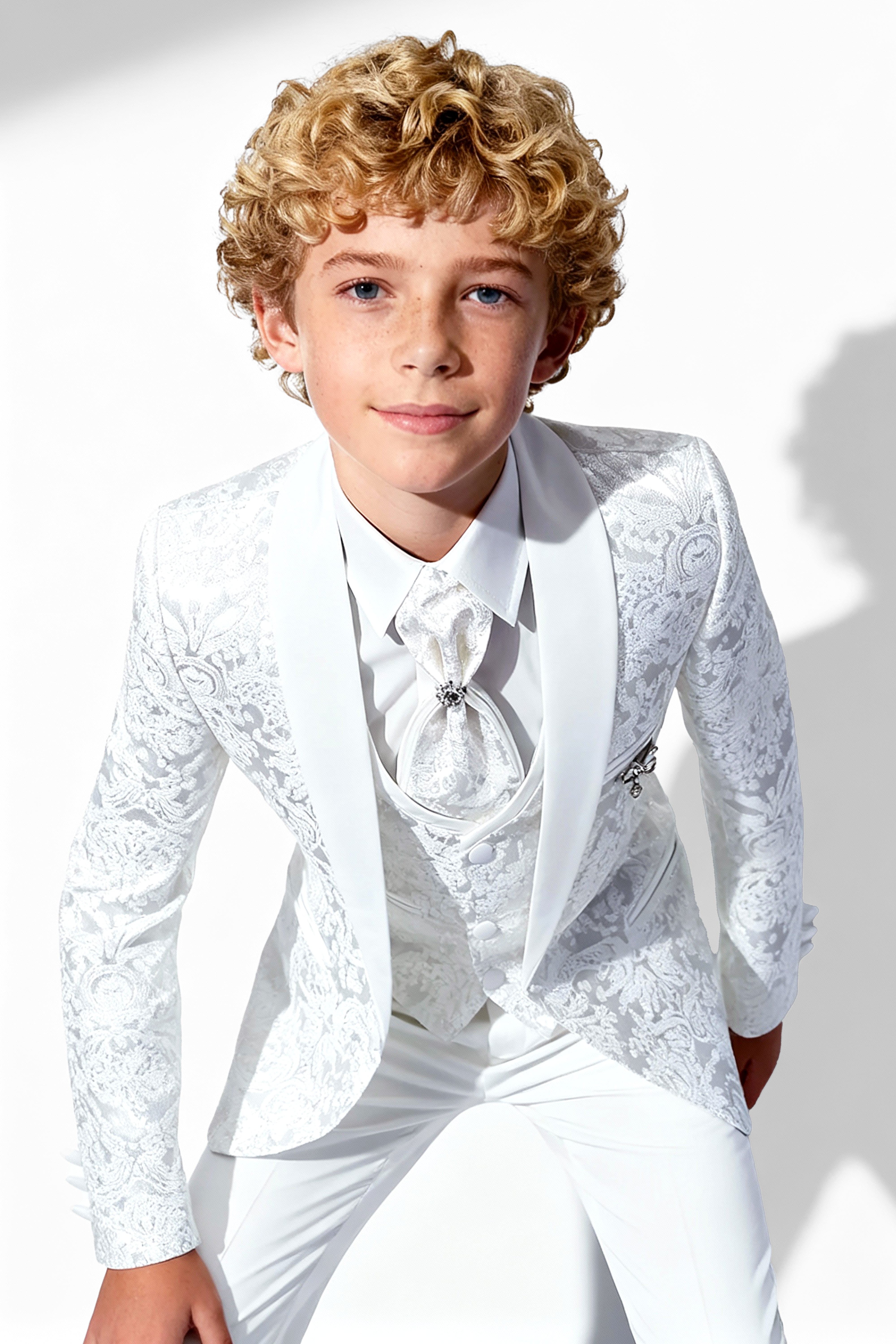 Boys 5-Piece Paisley Jacquard Communion Tuxedo Suit - White