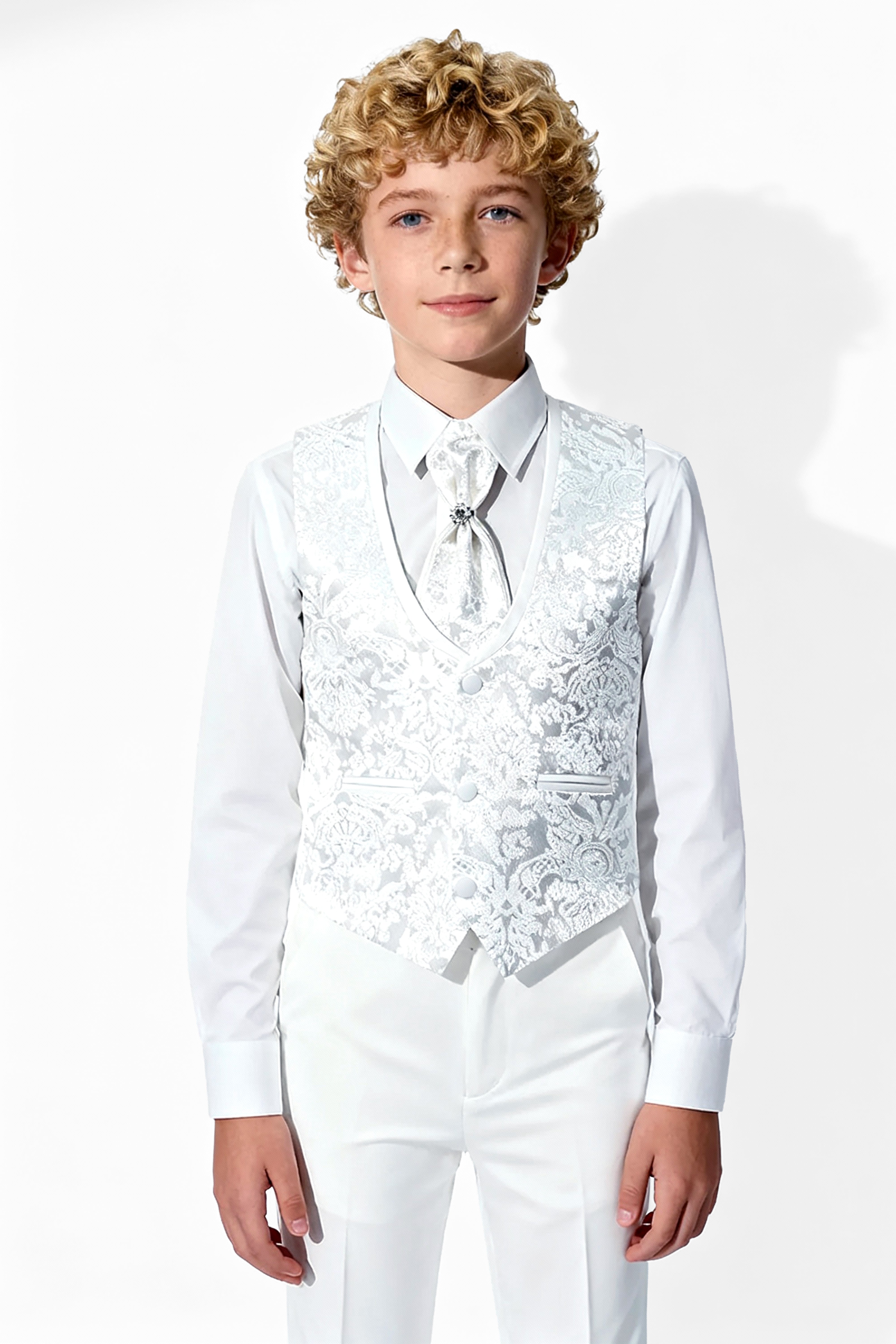 Boys 5-Piece Paisley Jacquard Communion Tuxedo Suit - White Waistcoat  Front Picture