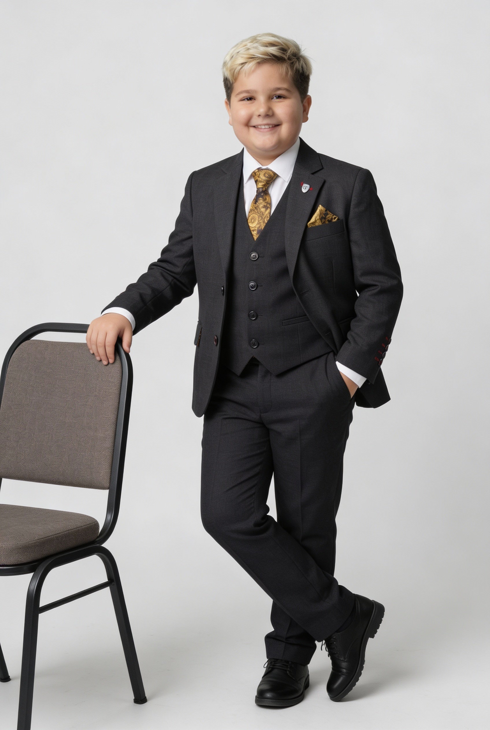 5-teiliger, taillierter Twill-Anzug für Jungen – Jeremy – Schwarz