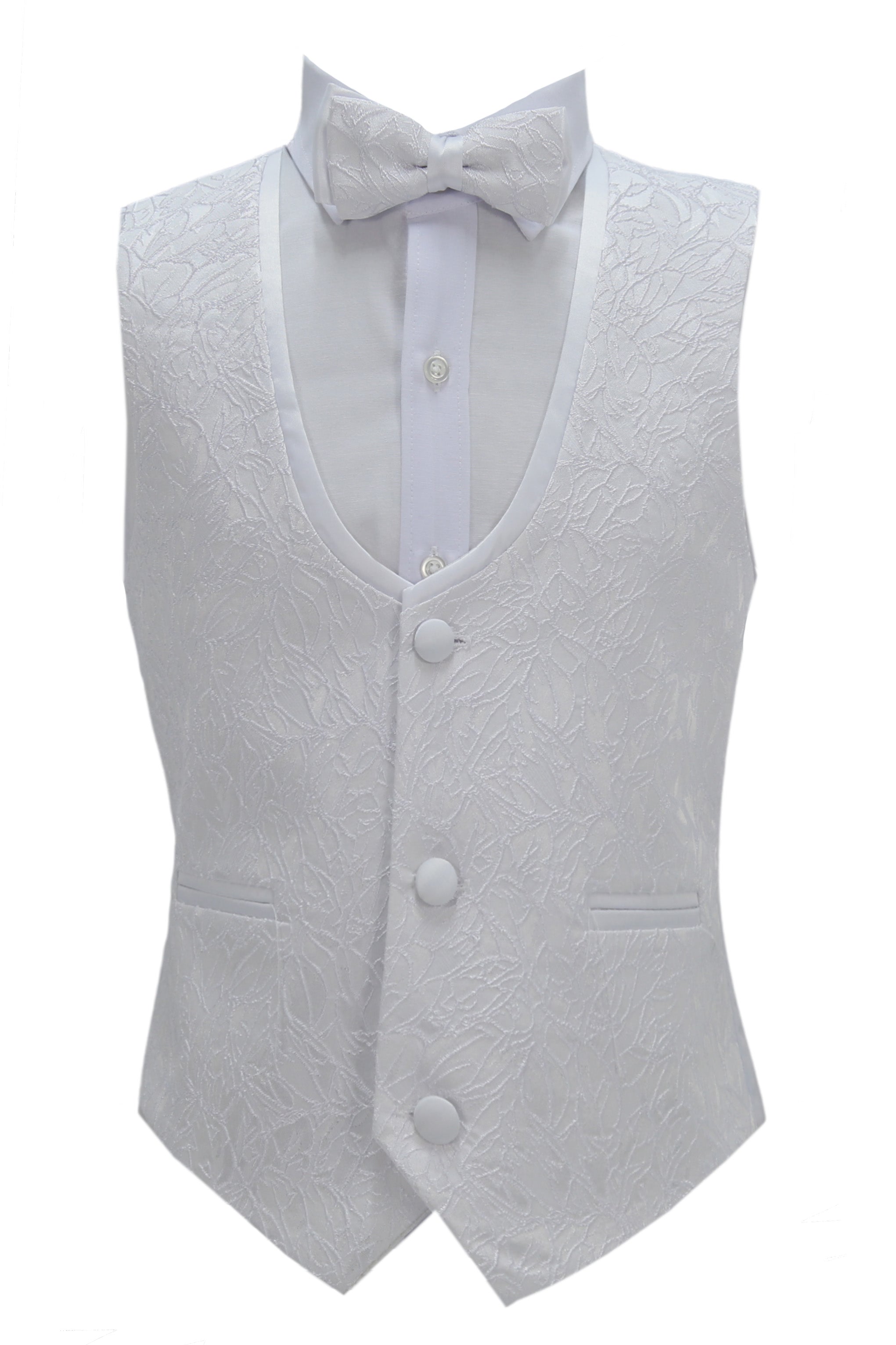 Boys’ 5 Piece White Floral Textured Communion Tuxedo Suit - White Waistcoat Picture