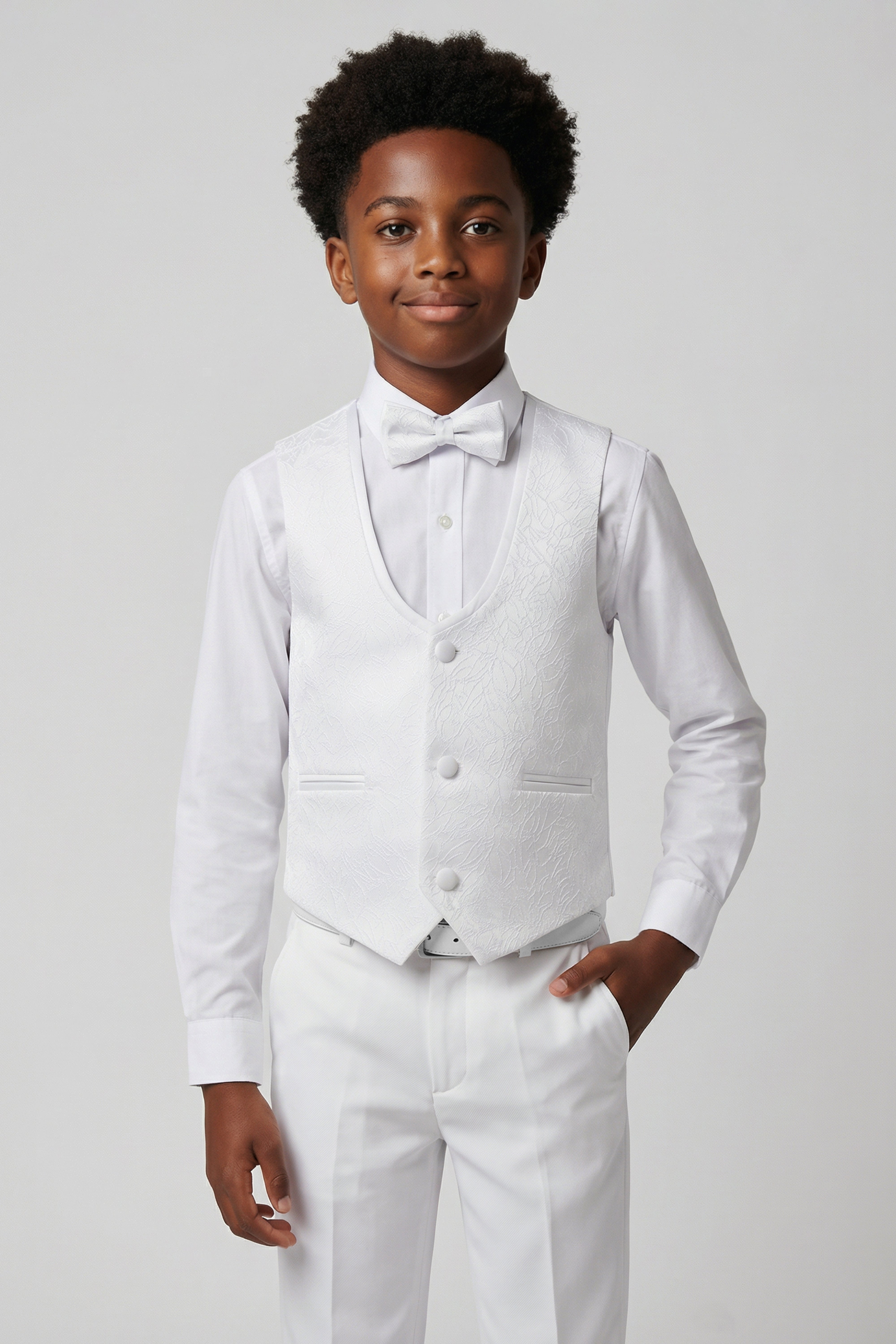 Boys’ 5 Piece White Floral Textured Communion Tuxedo Suit - White